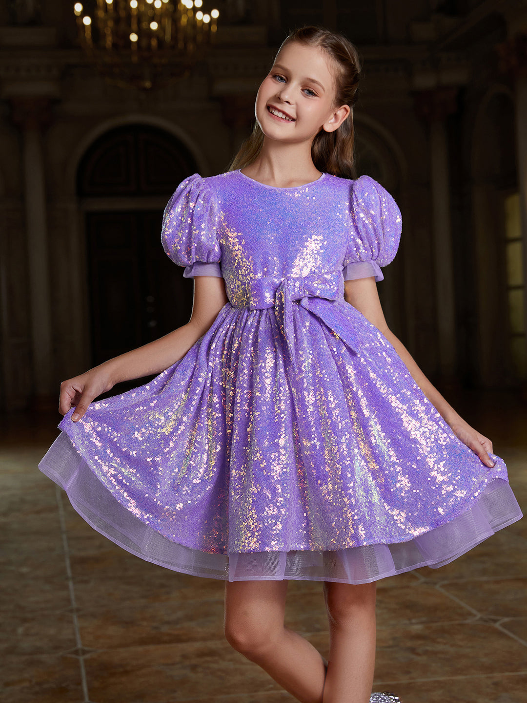 Girl's Cute Bow Front Puff Sleeve Sequin Party Dress