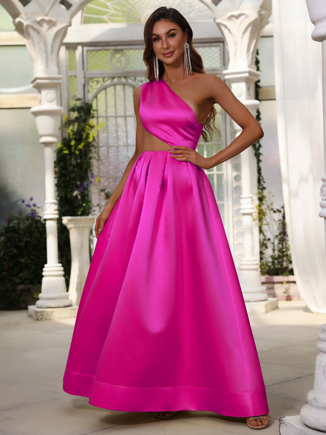 Cut Out One Shoulder Sleeveless Satin A line Dresses