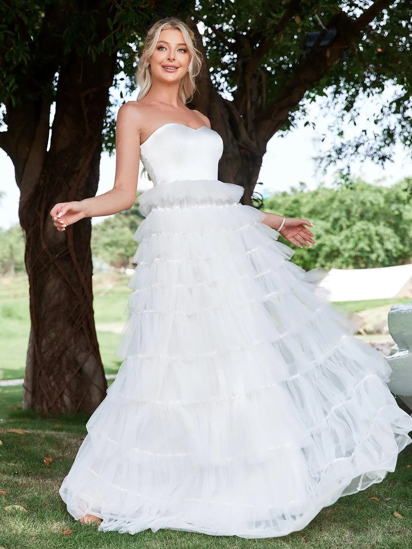 Satin Bodice Contrast Layered Tulle Hem Wedding Dress