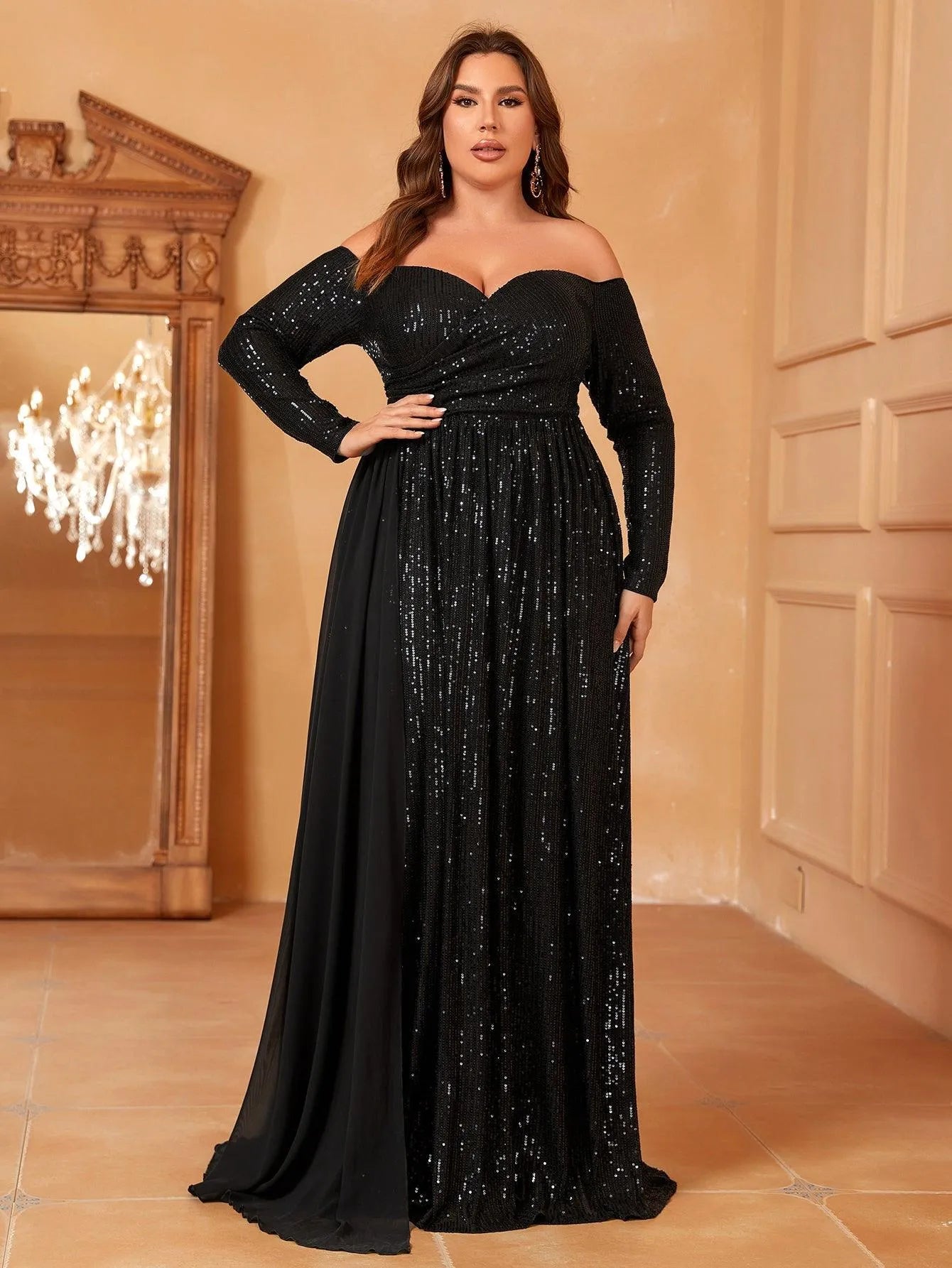 Plus Off Shoulder Draped Side Sequin Formal Dresses