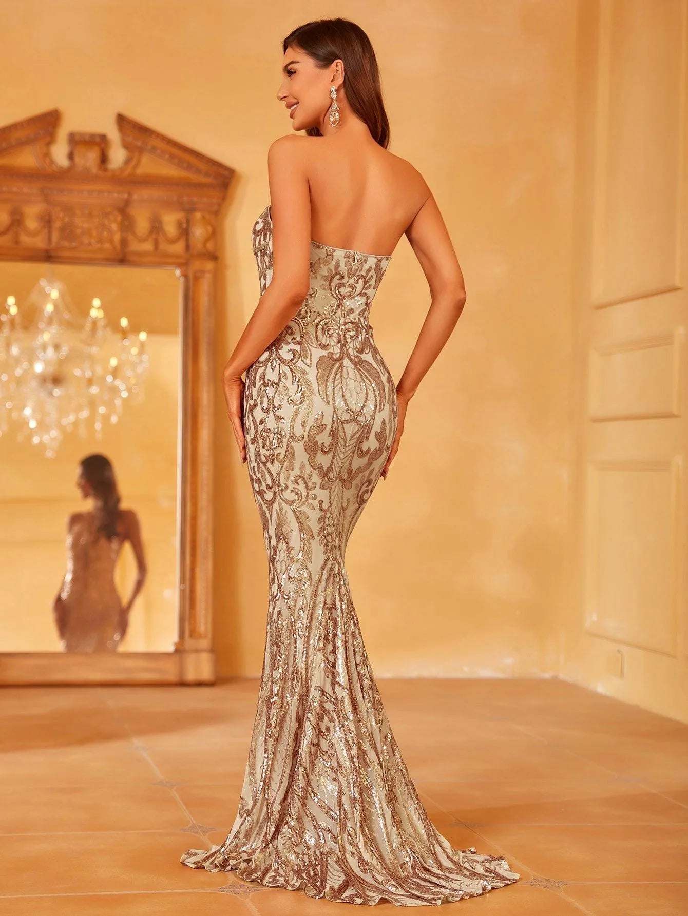 Mesh Insert Sequin Tube Mermaid Party Dress