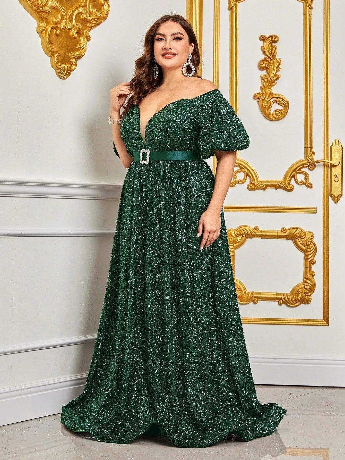 Plus Off Shoulder Puff Sleeves Sequin Formal Dress