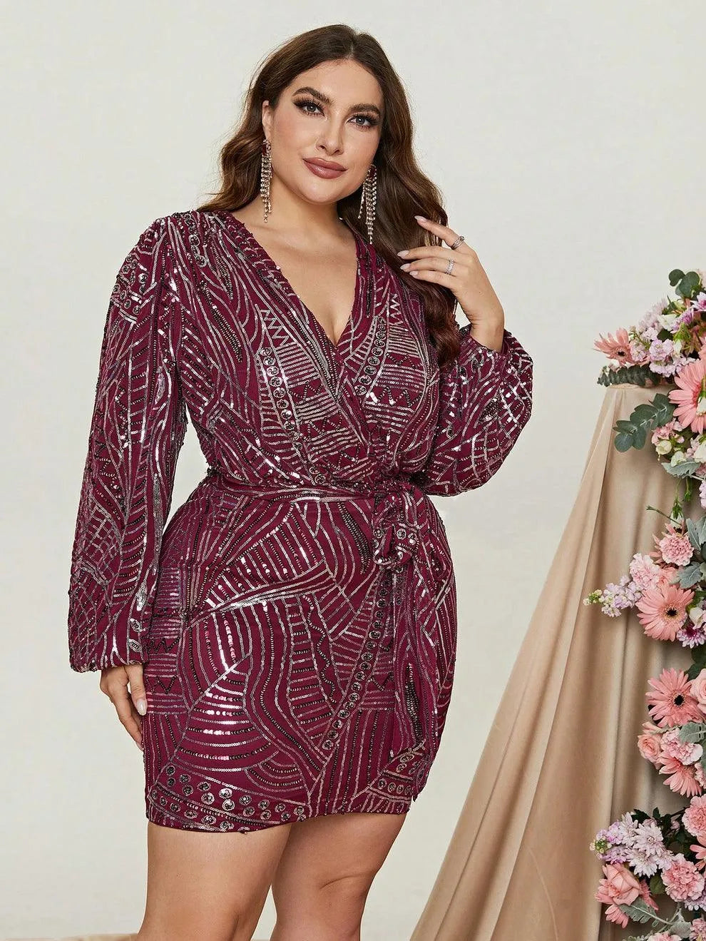 Plus Surplice Neck Lantern Sleeve Sequin Belted Dress