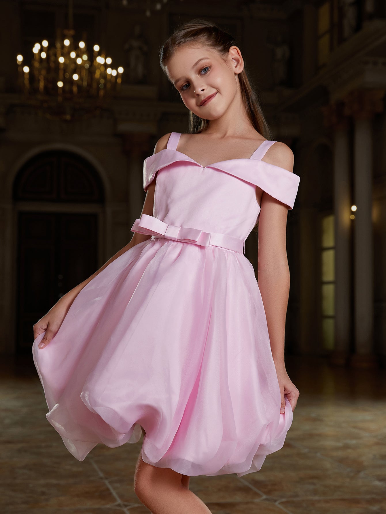 Girl's Off Shoulder Bow Hem Satin Cami Dress