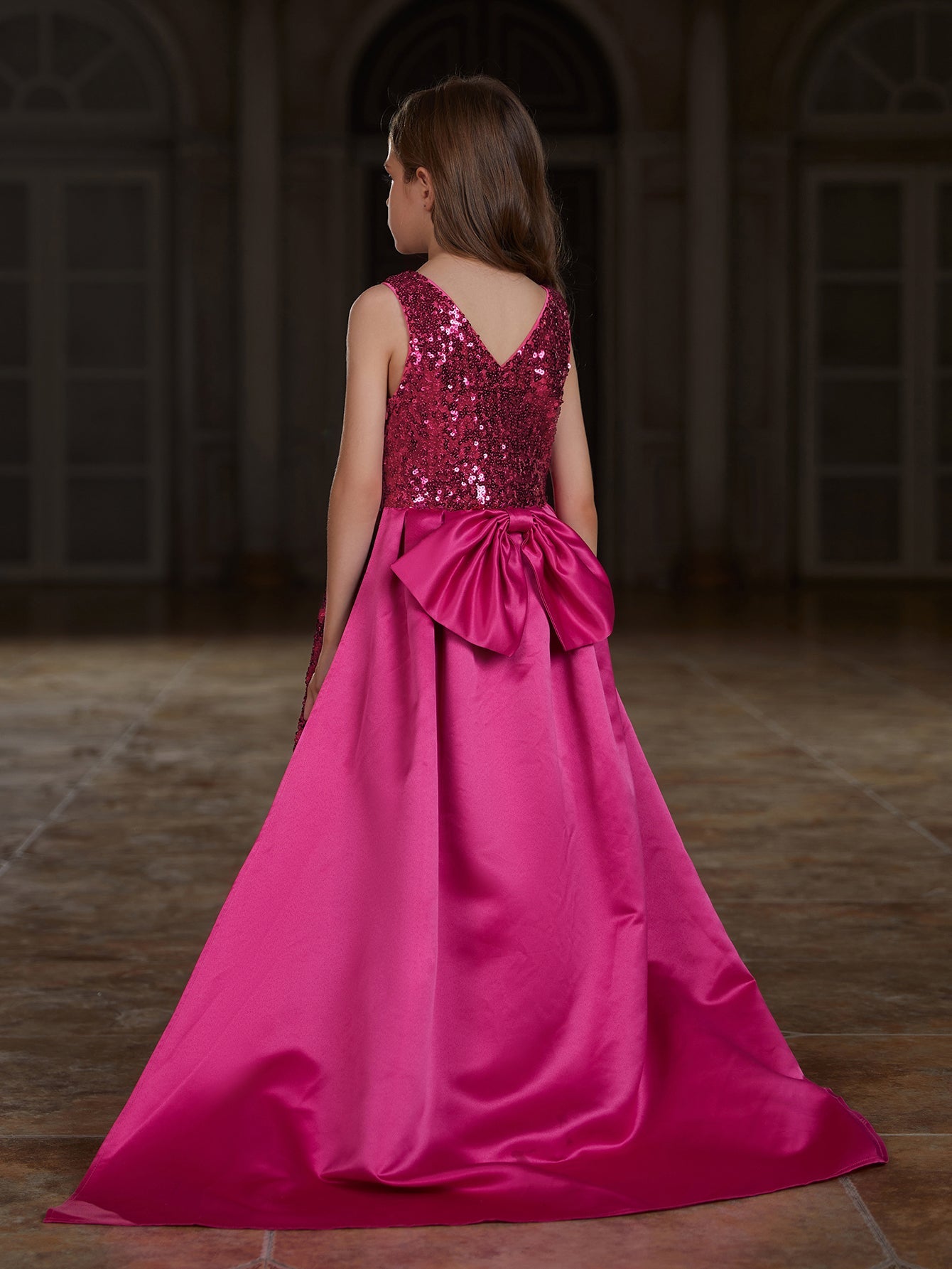 Girl's Bow Back Sleeveless Contrast Satin Sequin Party Dress