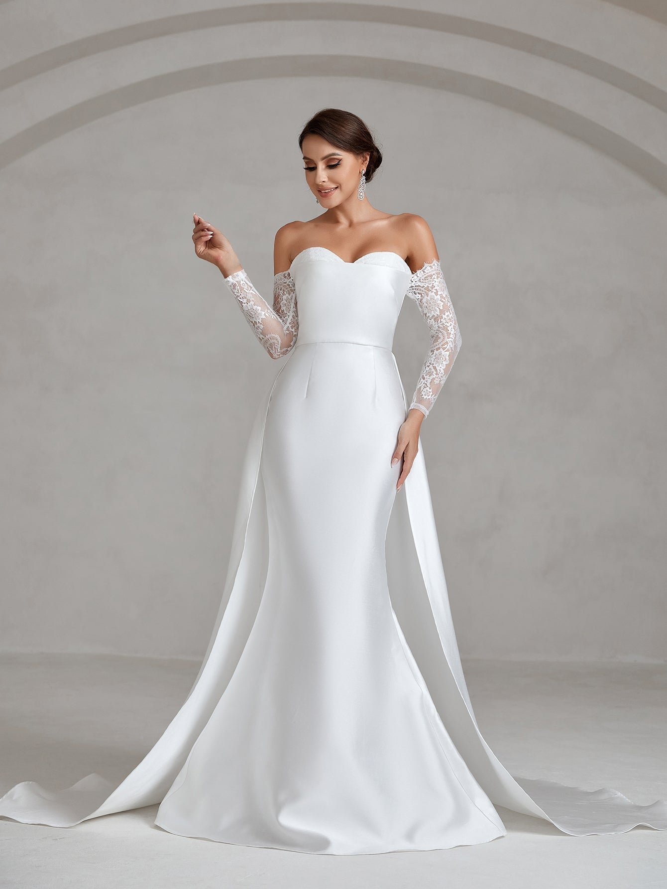 Off Shoulder Lace Sleeve Satin Mermaid Hem Wedding Dress