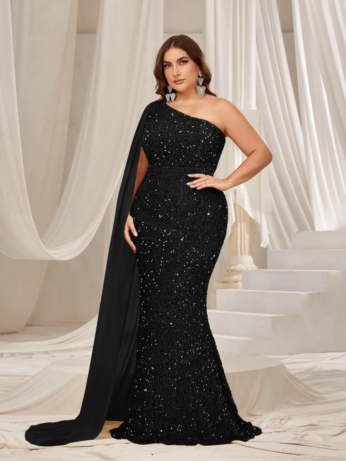 Plus One Shoulder Draped Side Sequin Mermaid Dress