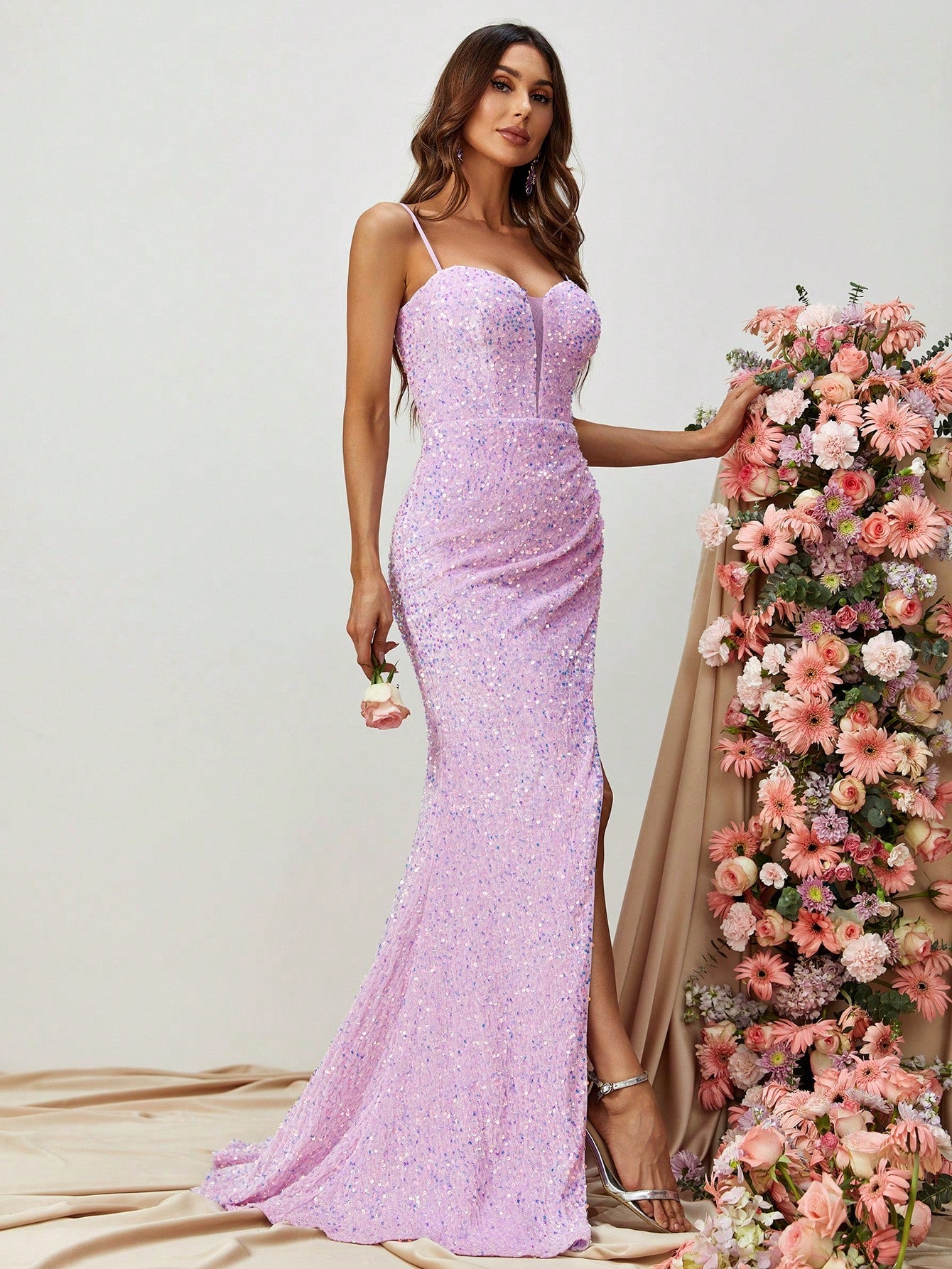 Spaghetti Strap Sweetheart Neck Sequin Slit Dress