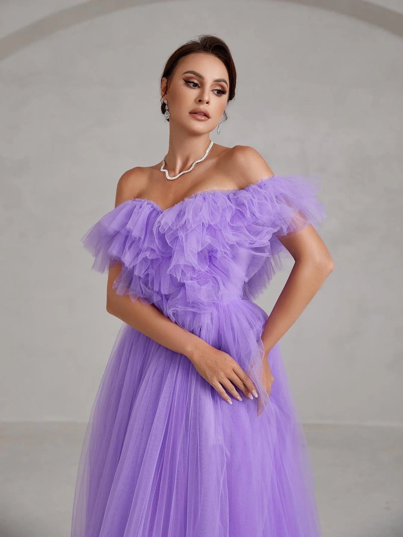 Off Shoulder Ruffle Trim Mesh Wedding Dress