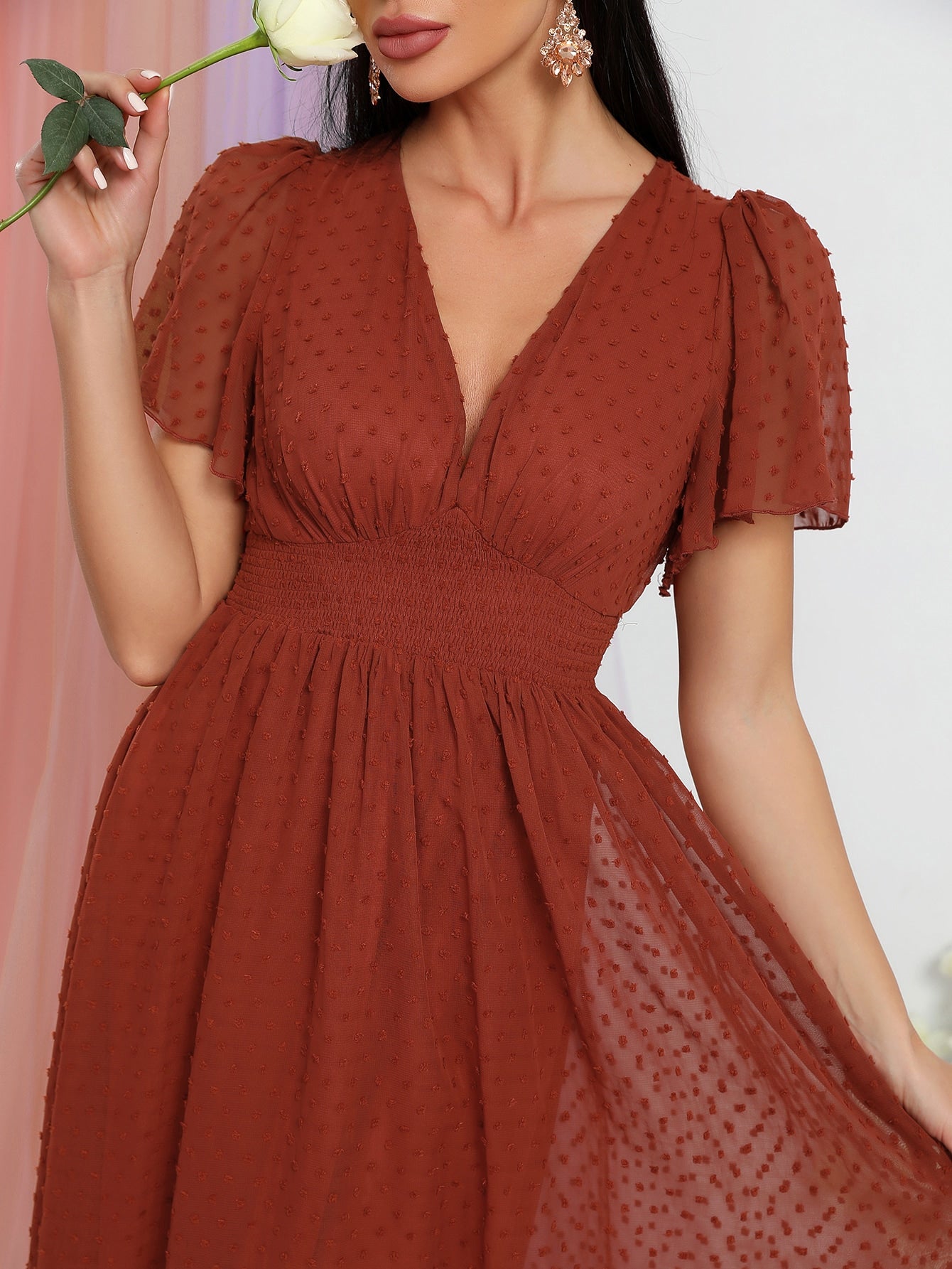 V Neck Butterfly Sleeve Swiss Dot Chiffon Dress