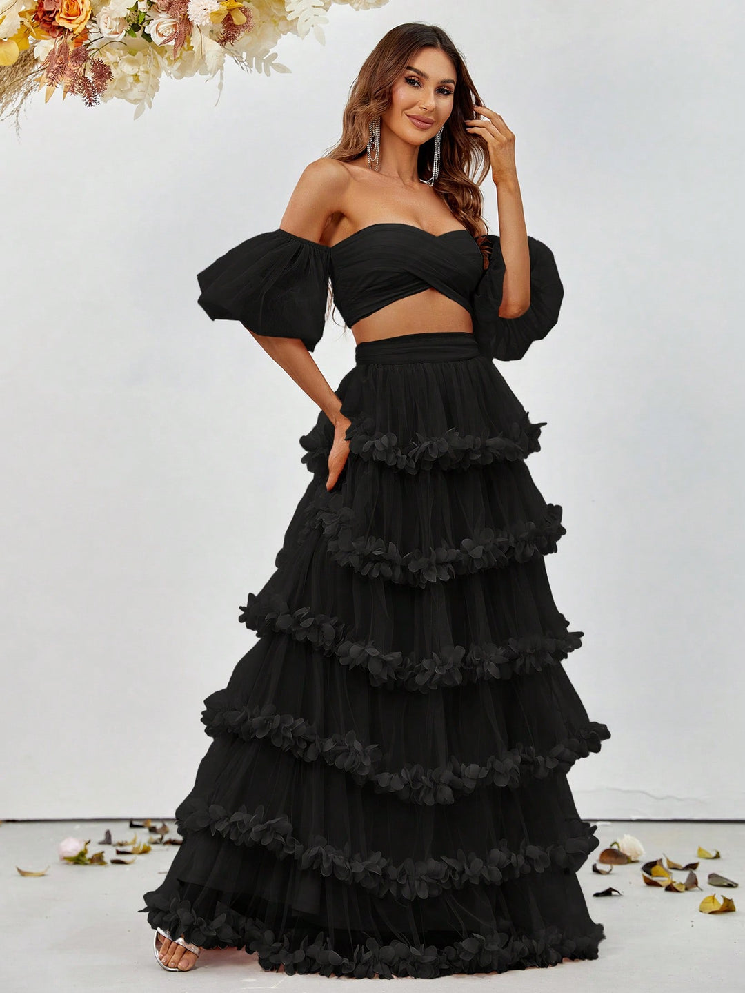 Off Shoulder Puff Sleeve Crop Top & Frill Trim Mesh Skirt