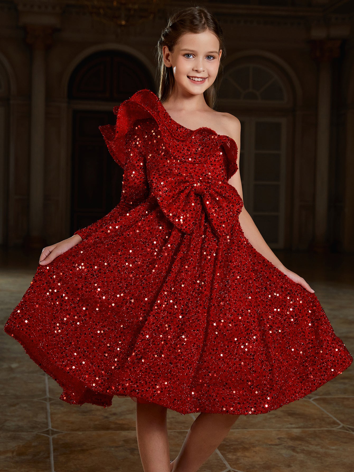 Girl's One Shoulder Layered Ruffle Trim Sequin Party Dress