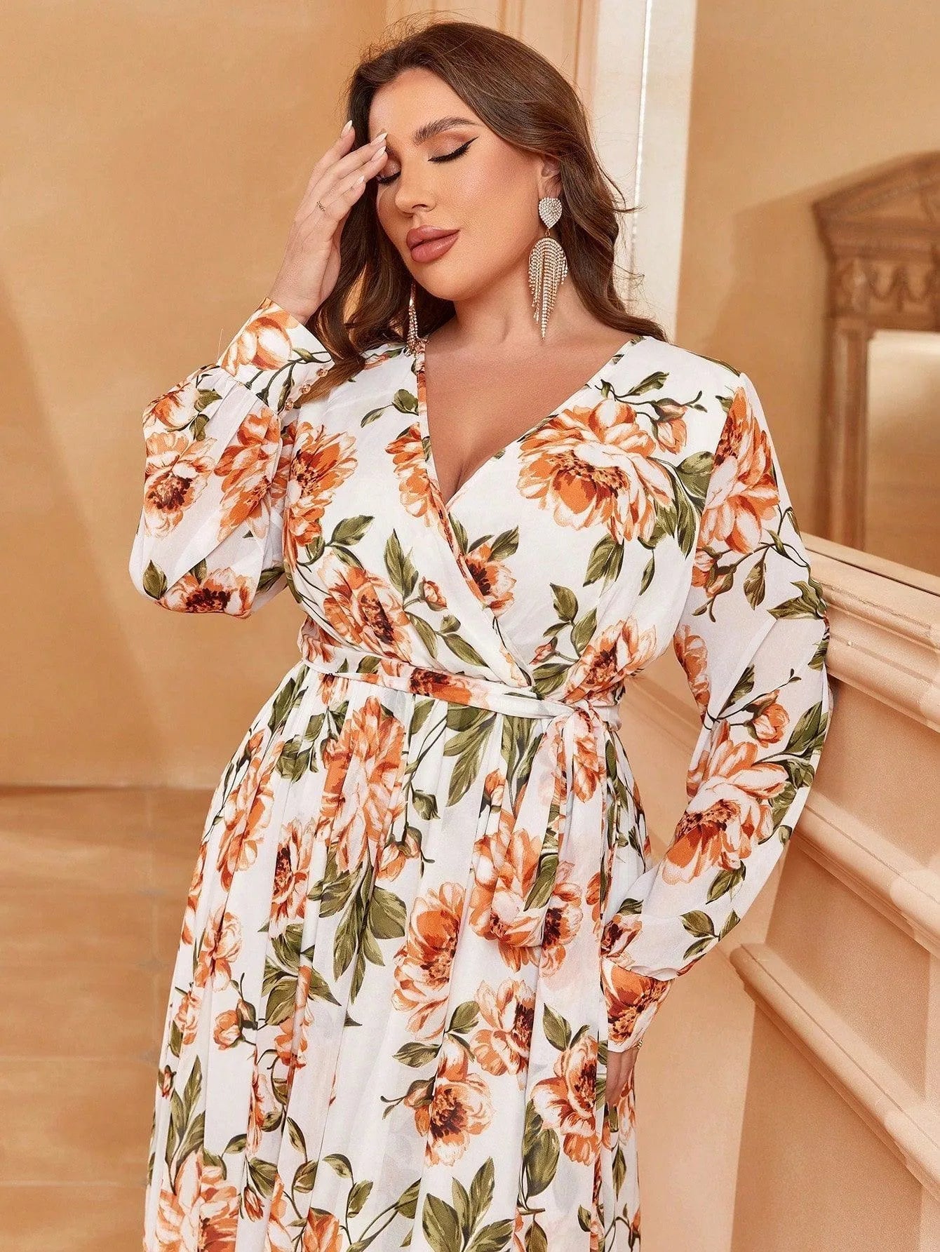 Plus V Neck Long Sleeve Floral Chiffon Dresses