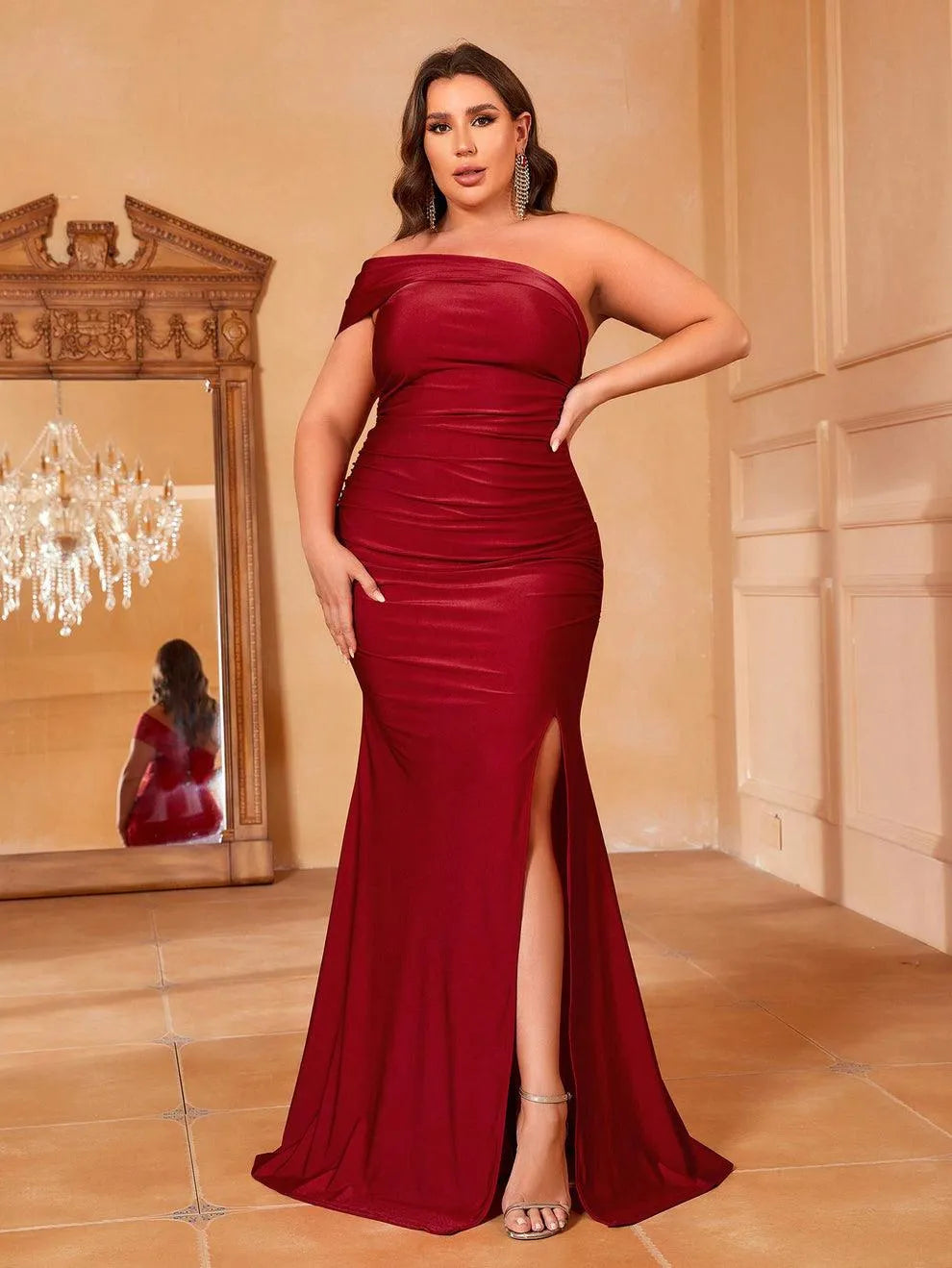 Plus One Shoulder Slit Mermaid Hem Dress