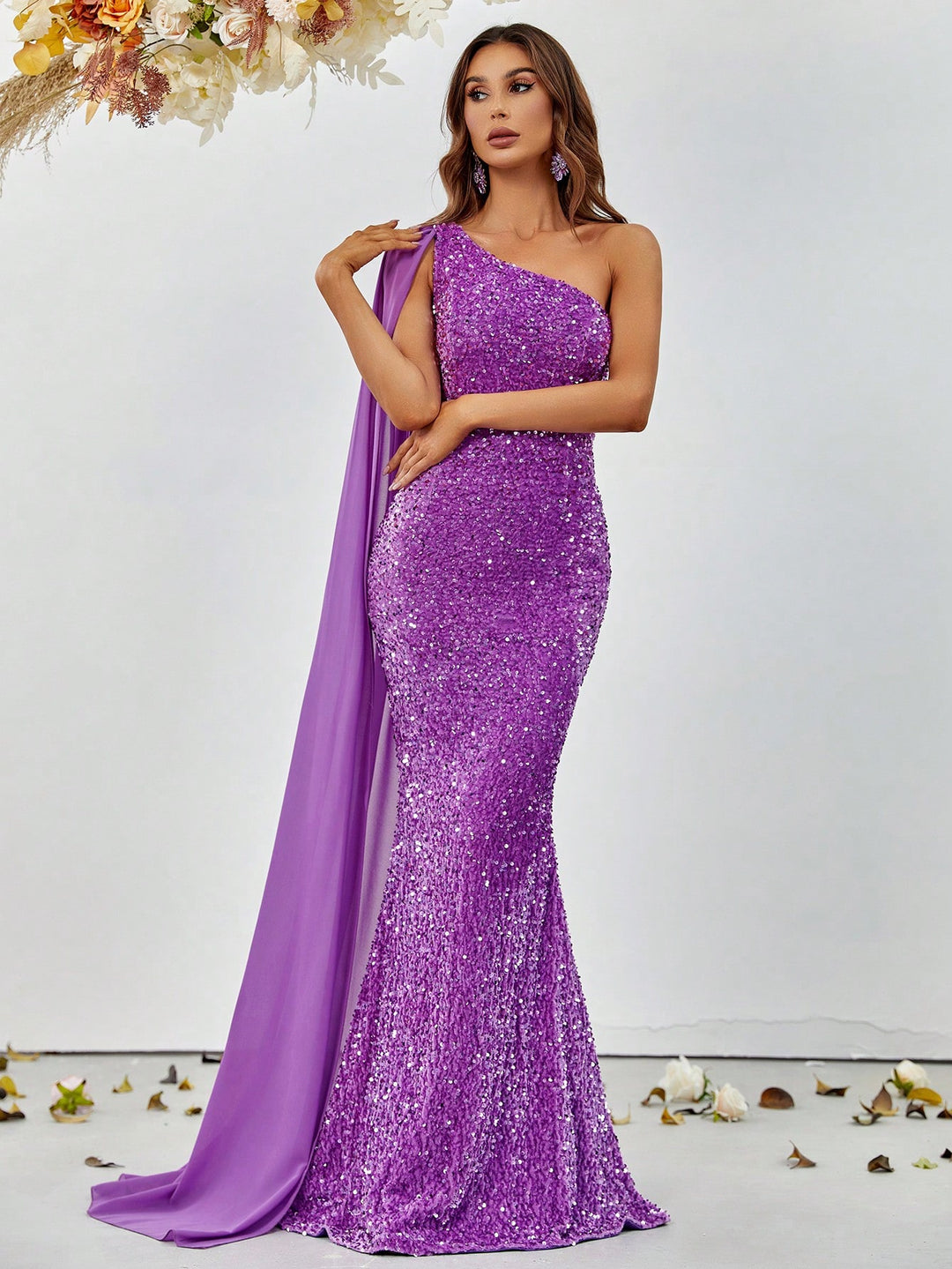 Elegant Sequin One Shoulder Sash Prom Dresses