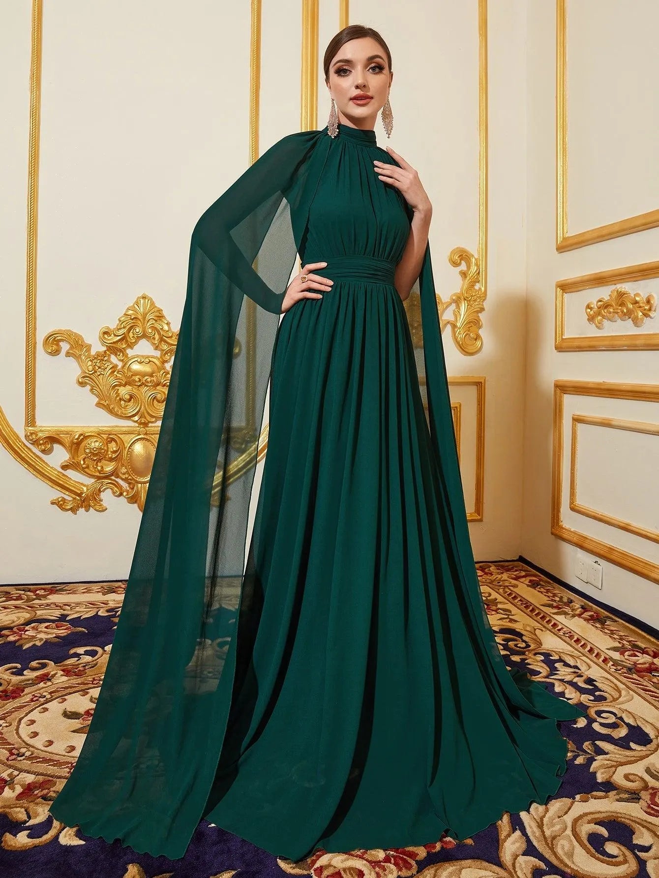 Elegant Mock Neck Cloak Sleeve Chiffon Formal Dress