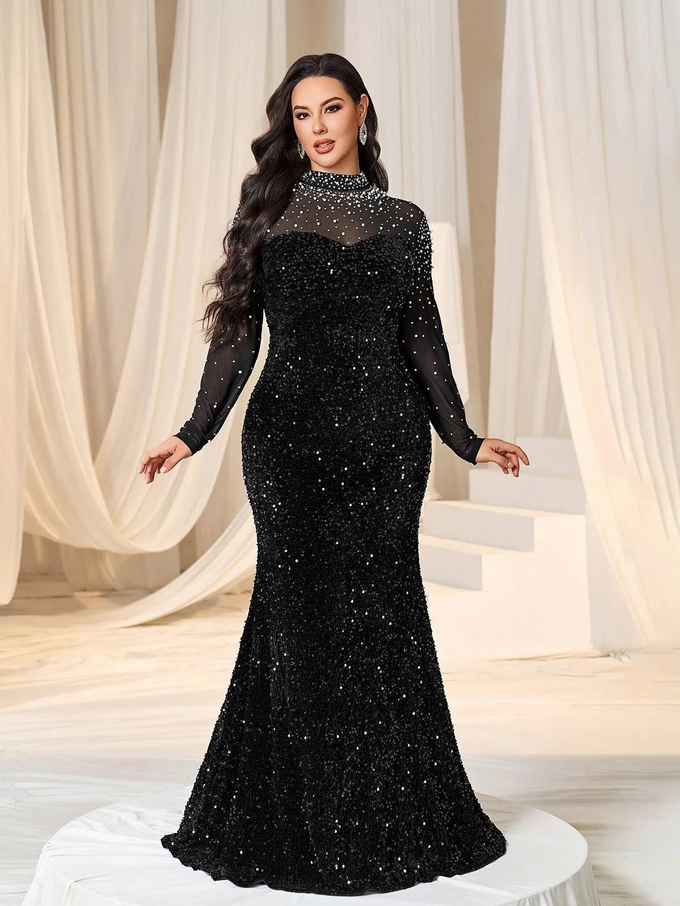 Plus Pearl Decor Mock Neck Sequin Mermaid Dress