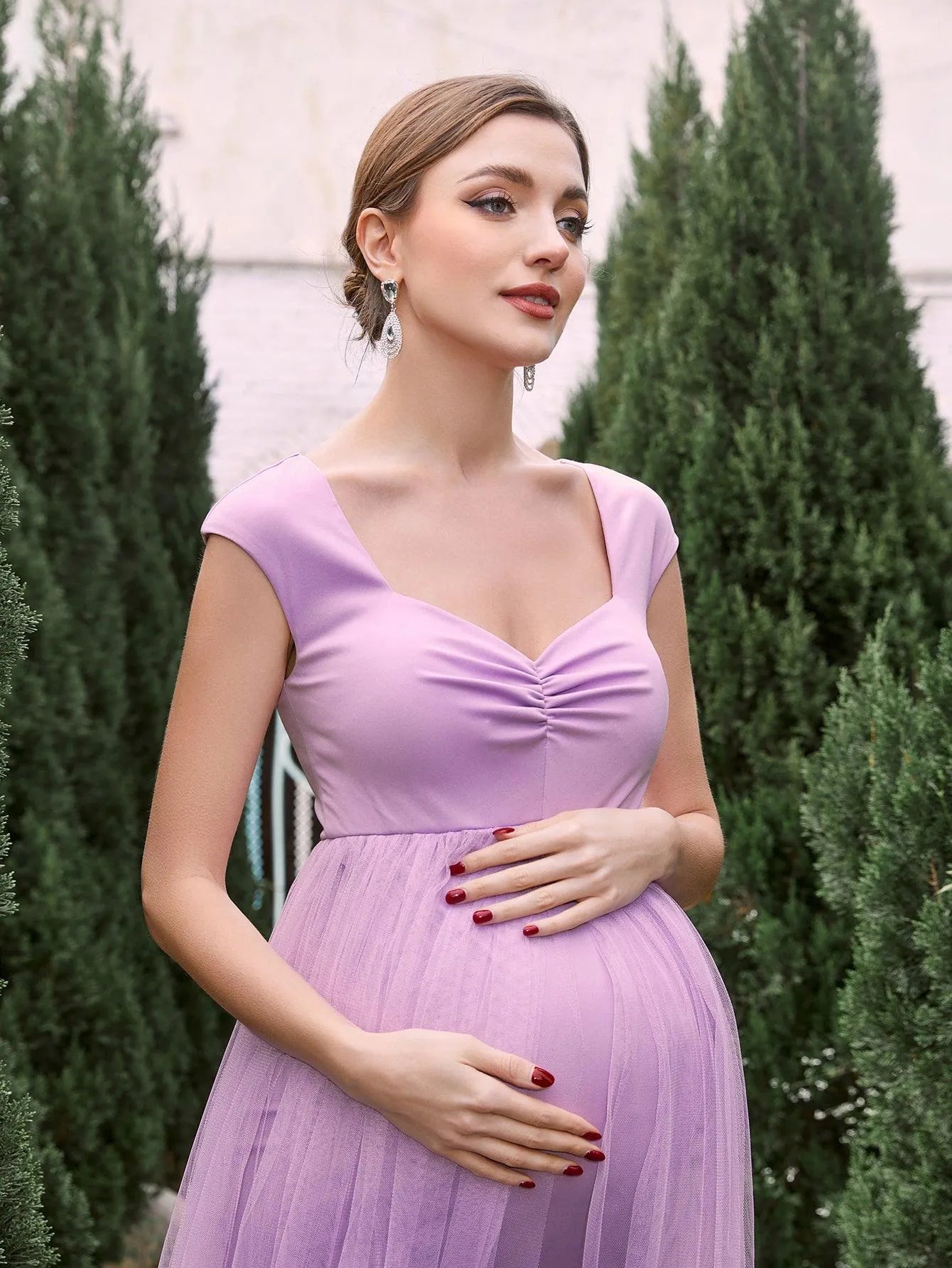 Maternity Sweetheart Collar Cap Sleeves Mesh Overlay Dress