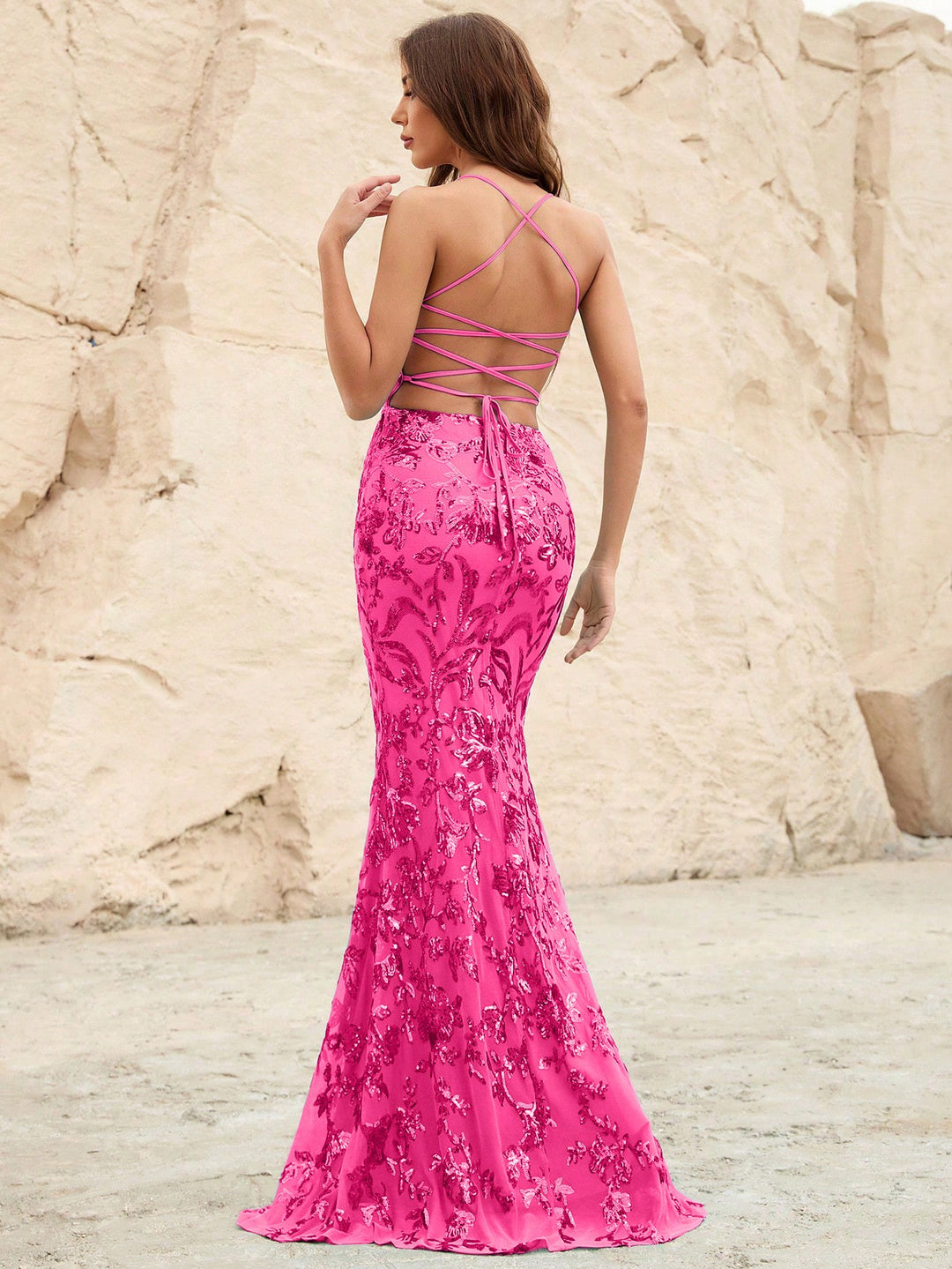 Spaghetti Strap Back Lace Up Sequin Slit Dresses