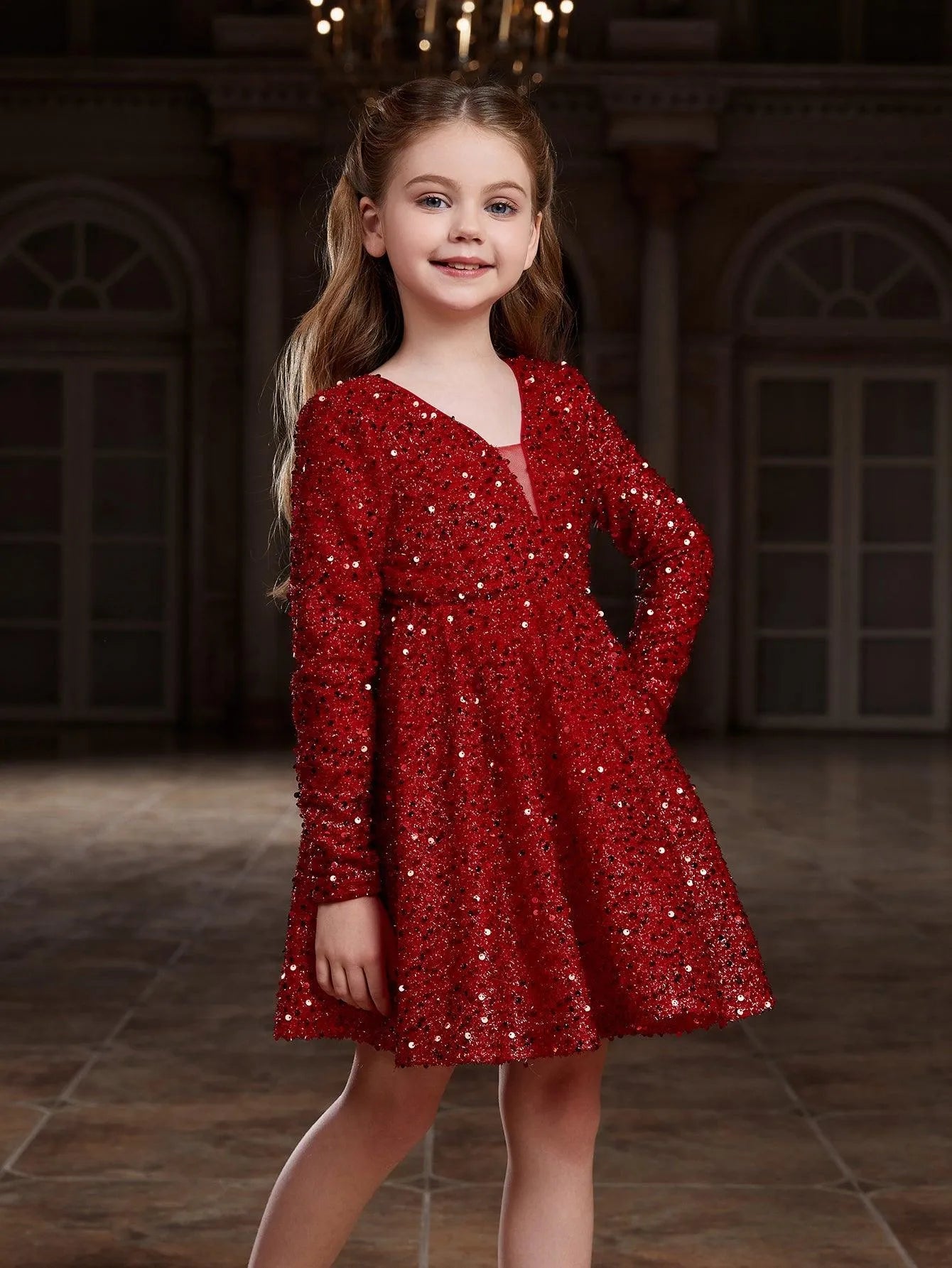 Tween Girls' V Neck Backless Sequin Party Dress