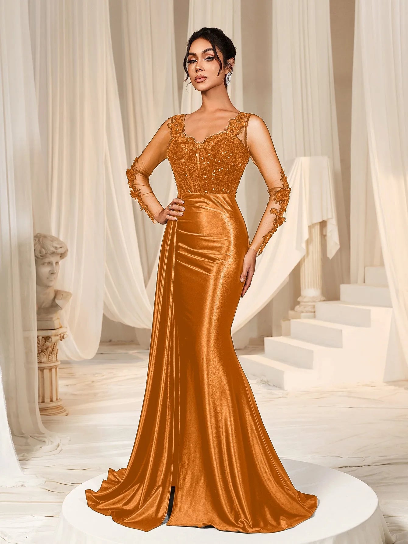 Elegant Sequin Bodice Sheer Sleeves Mermaid Hem Satin Evening Dress