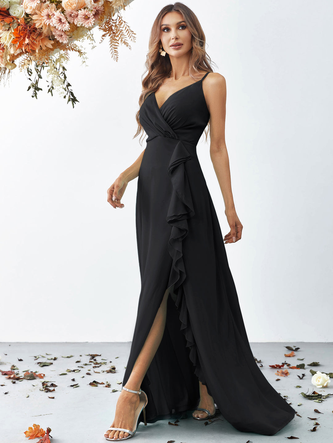 Elegant V Neck Sleeveless Ruffle Slit Chiffon A Line Dresses