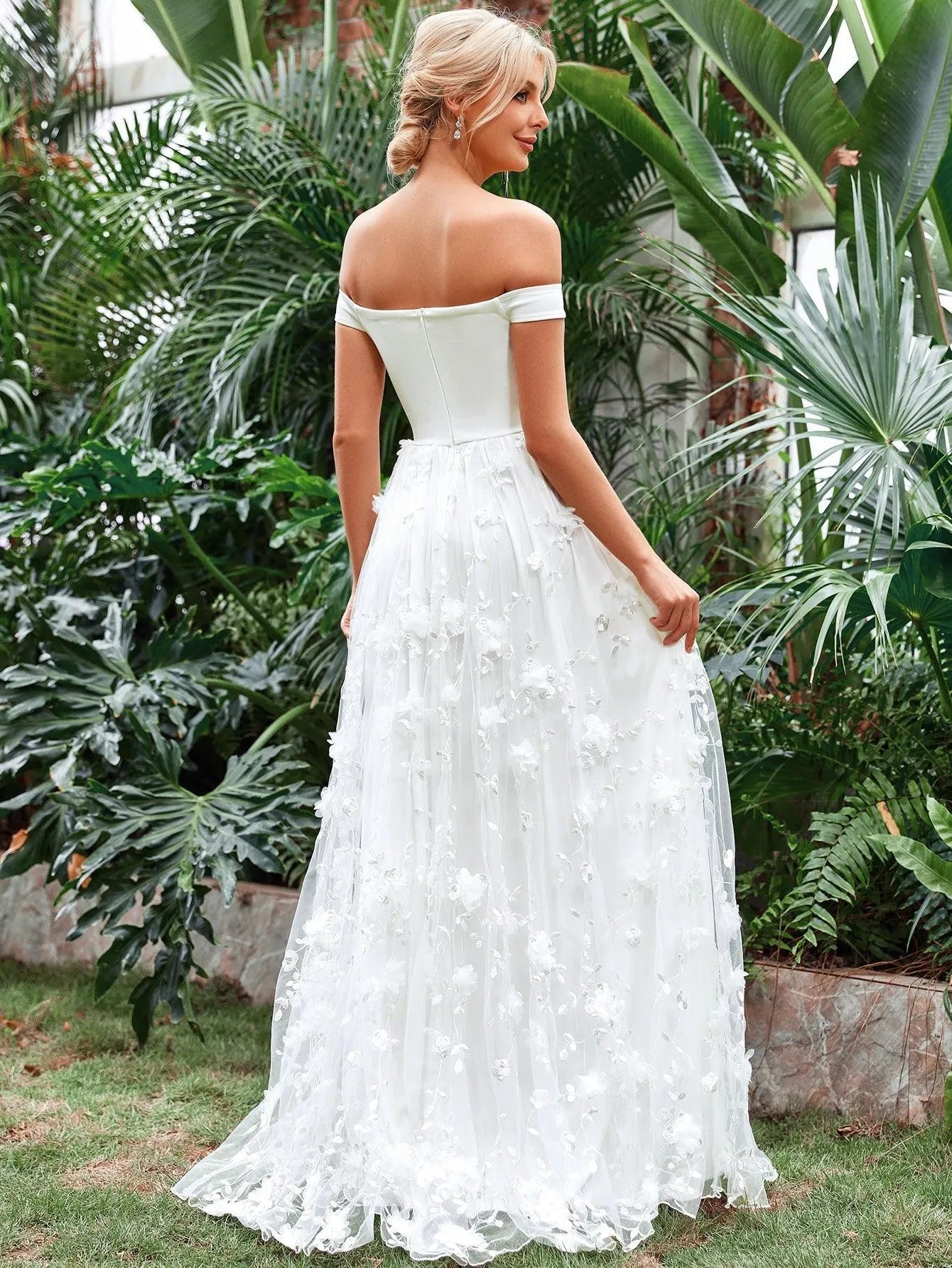 Off Shoulder Floral Applique Mesh Wedding Dress