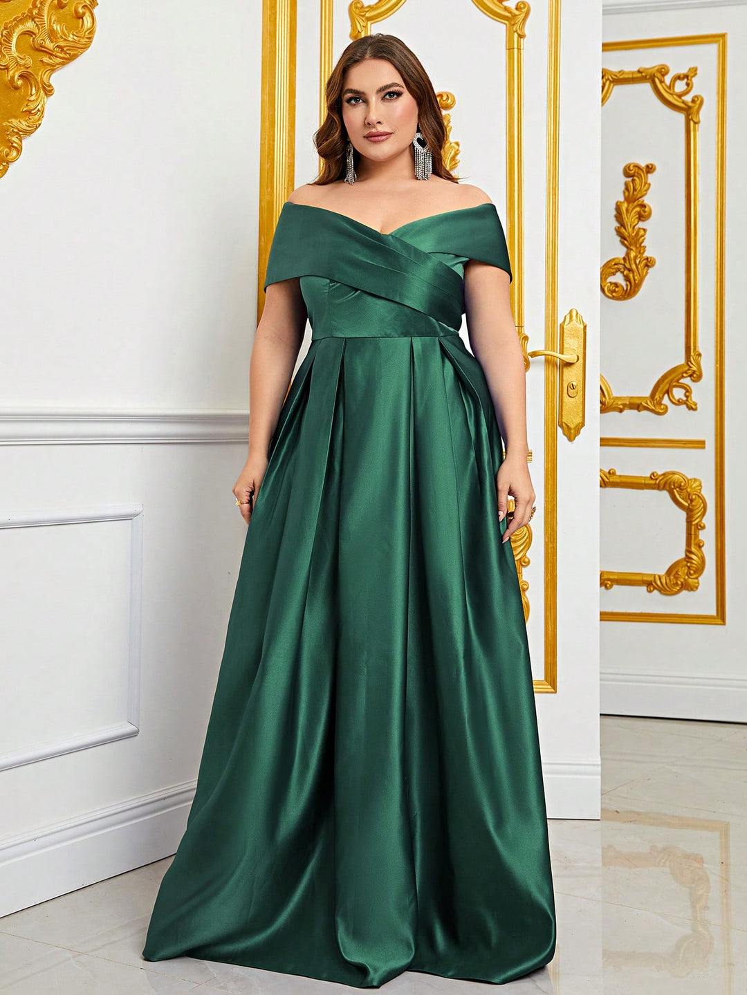 Plus Elegant Off Shoulder Satin A Line Gown