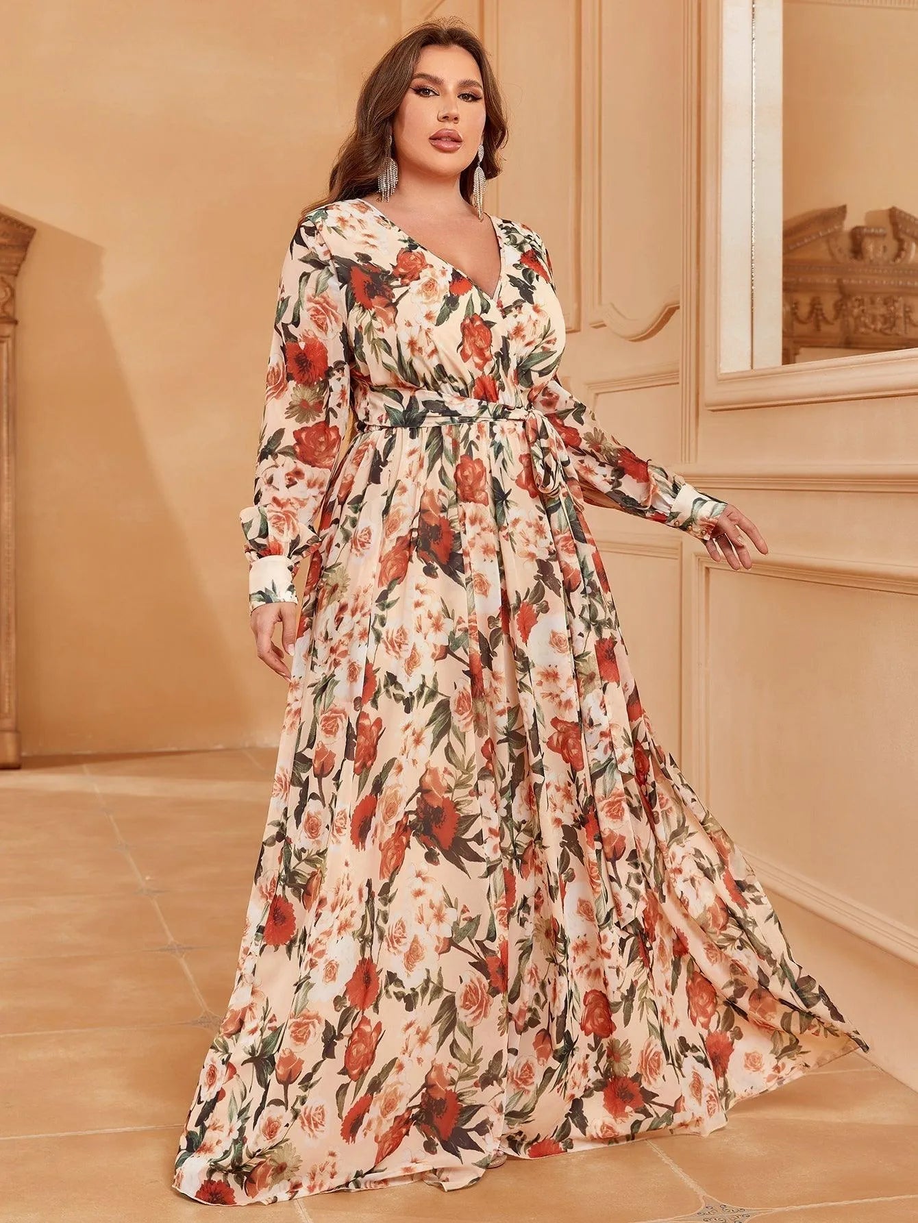 Plus V Neck Long Sleeve Floral Chiffon Belted Dress