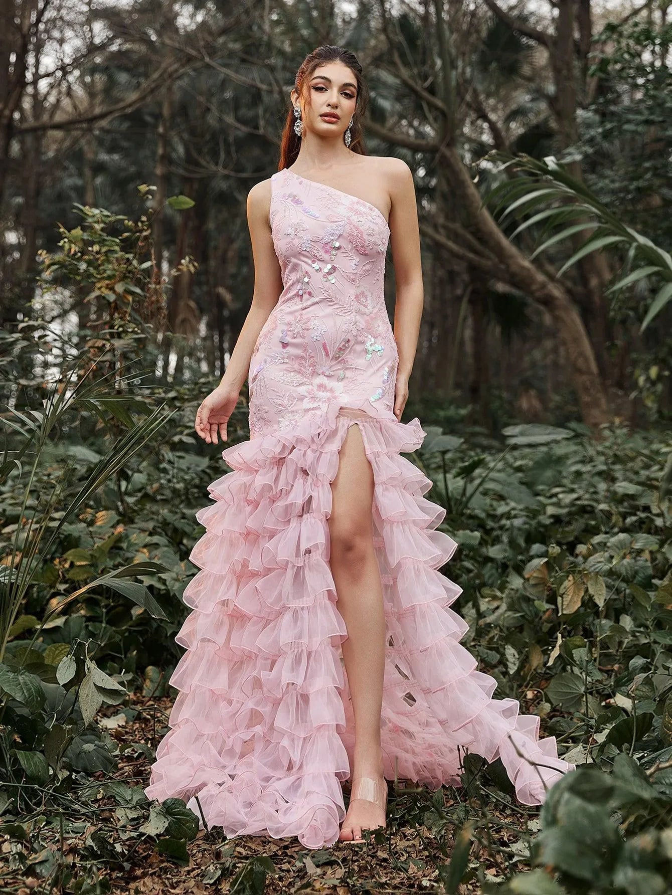 Luxury One Shoulder Tulle Mermaid Hem Floral Sequin Prom Dress