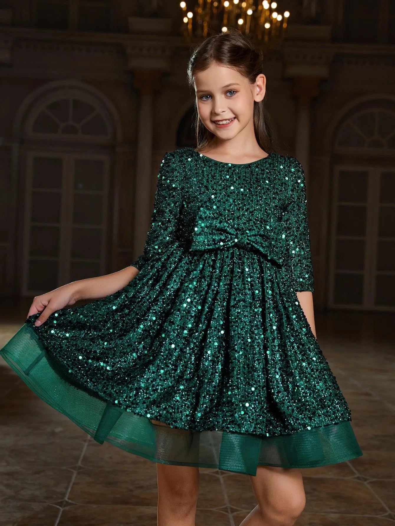 Tween Girls' Bow Detail 3/4 Sleeve Sequin Party Dress