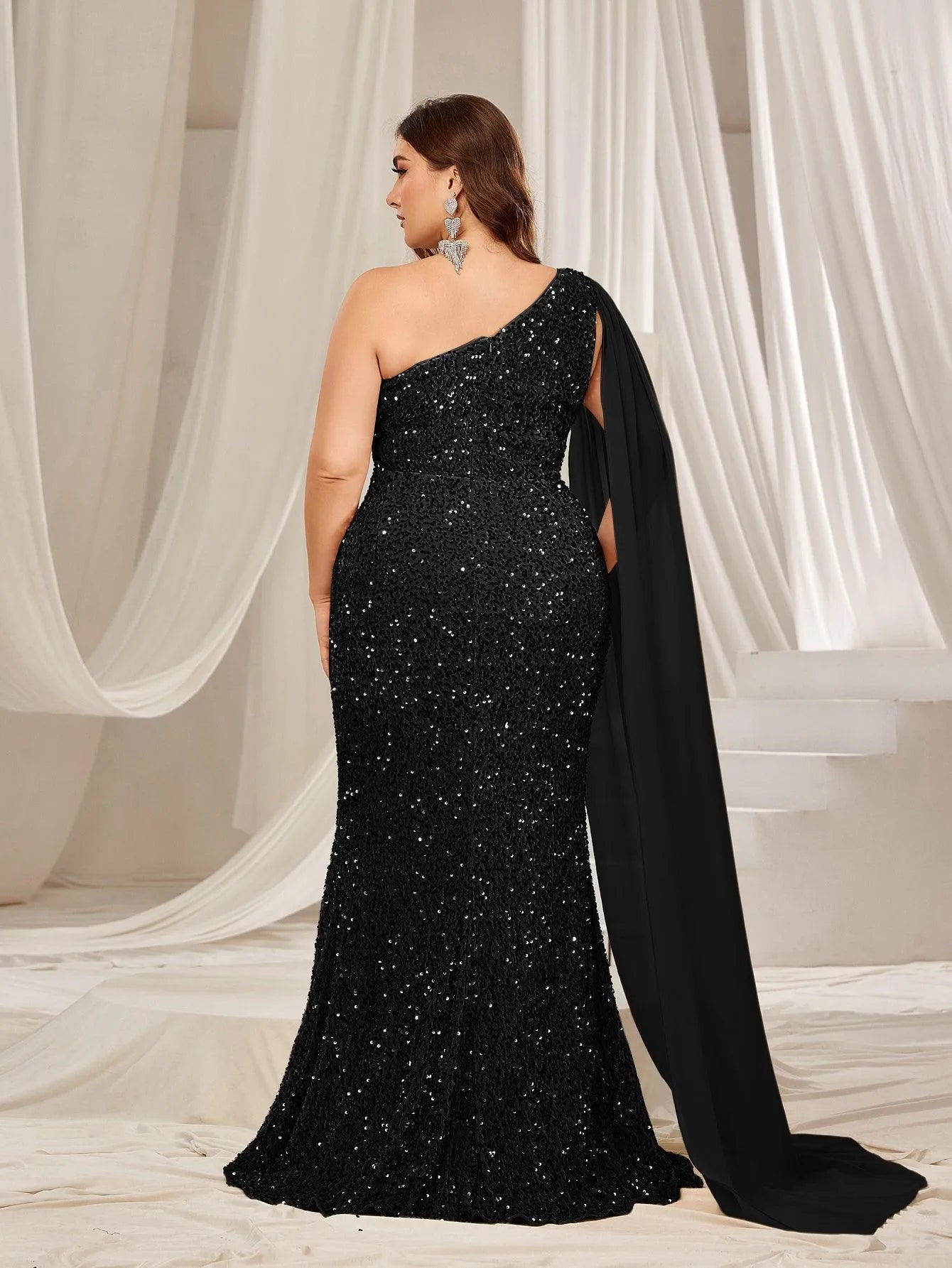 Plus One Shoulder Draped Side Sequin Mermaid Dress