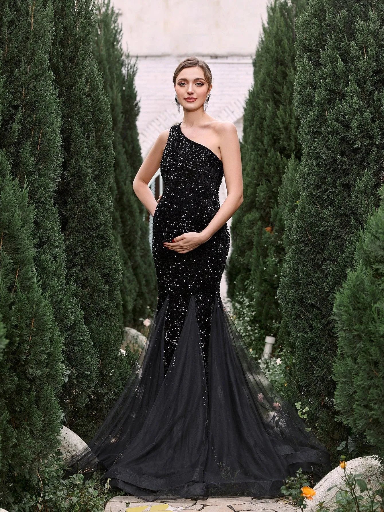 Maternity One Shoulder Mesh Mermaid Hem Sequin Dress