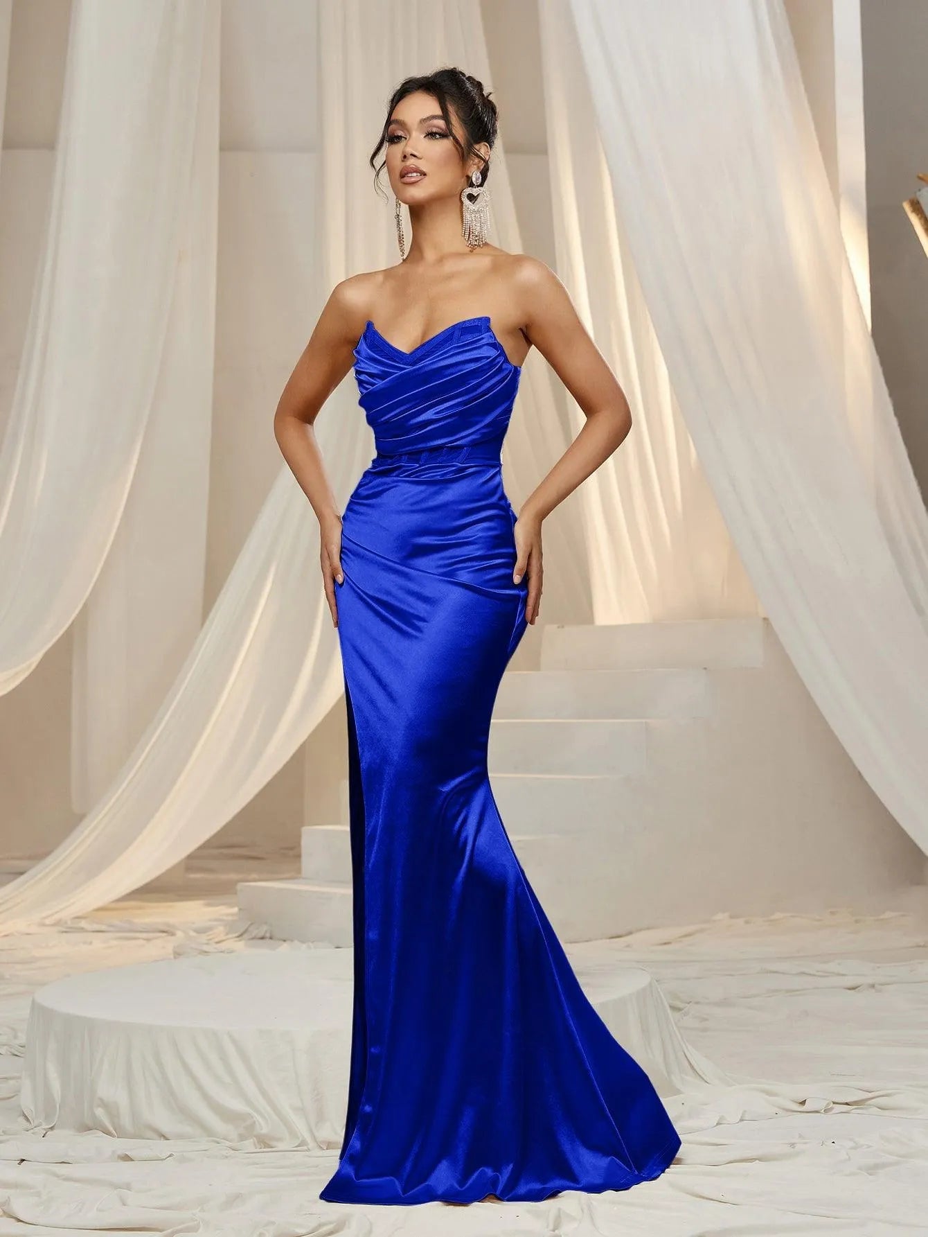 Ruched Wrap Mermaid Hem Satin Party Tube Dress