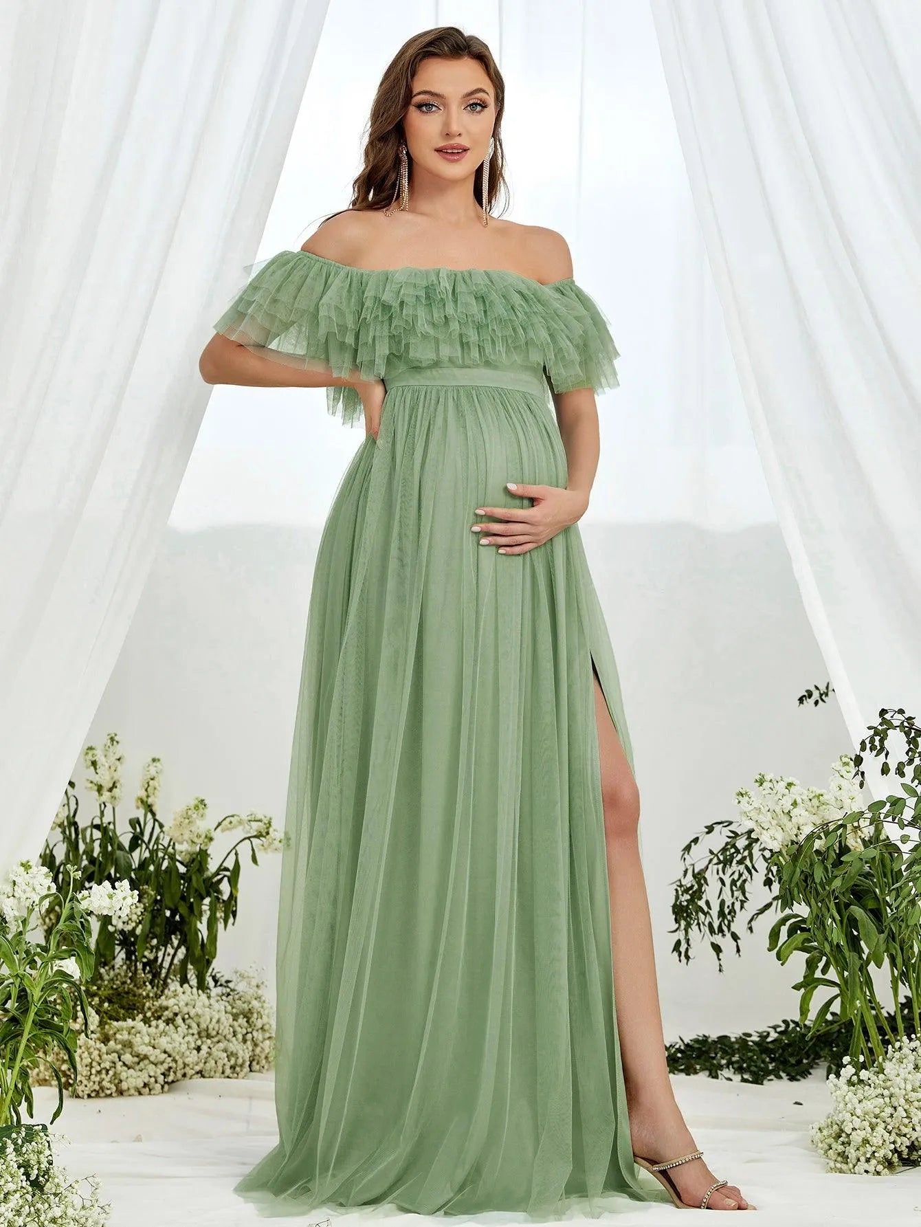 Maternity Off Shoulder Ruffle Trim Mesh Slit Dress