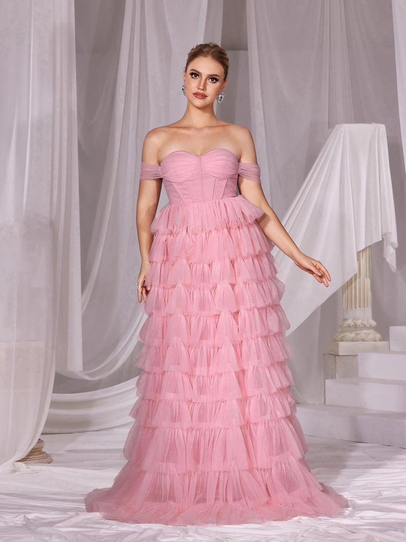 Off Shoulder Mesh Layered Hem Cake Prom Dress