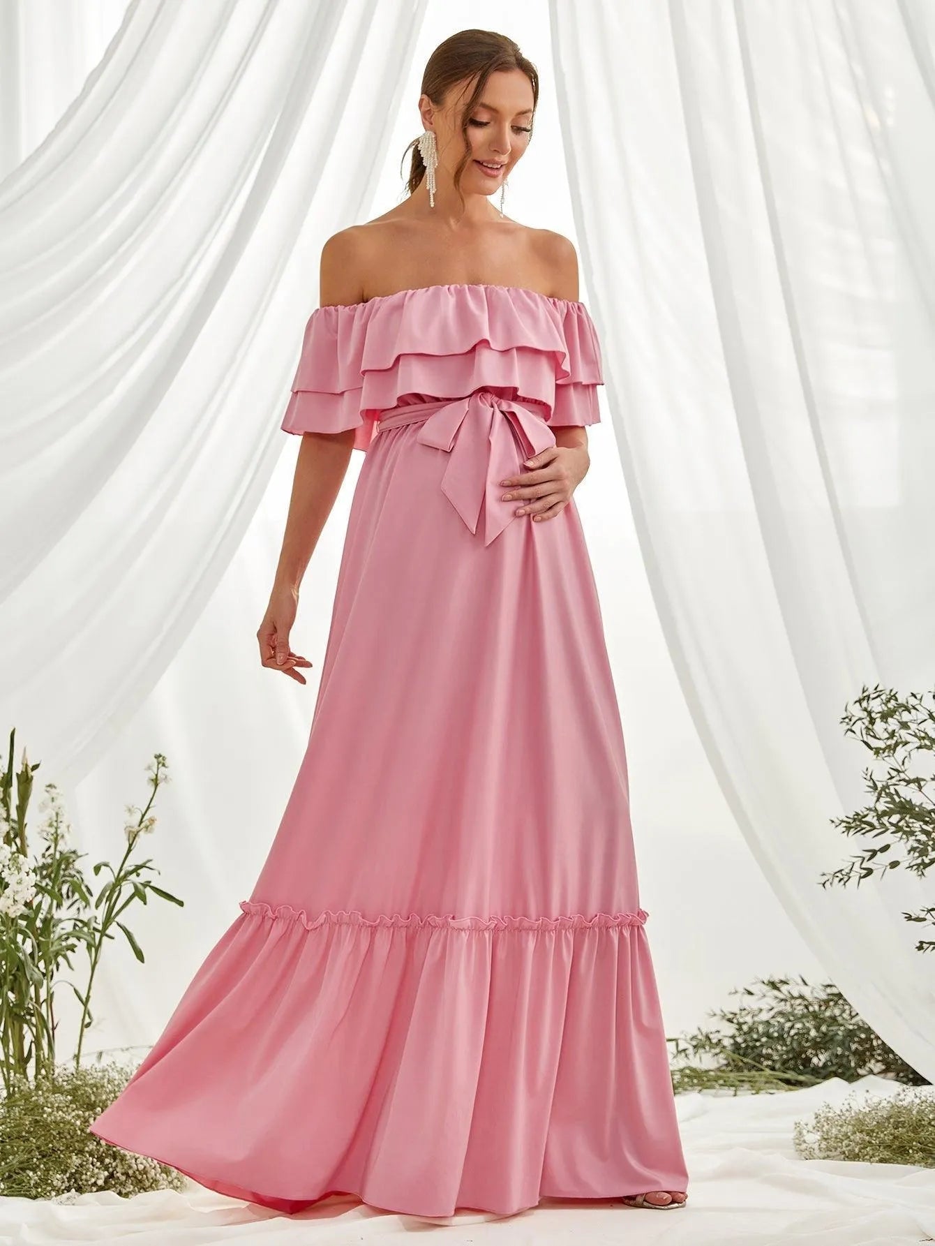 Maternity Off Shoulder Ruffle Trim Layered Hem Belted Dress