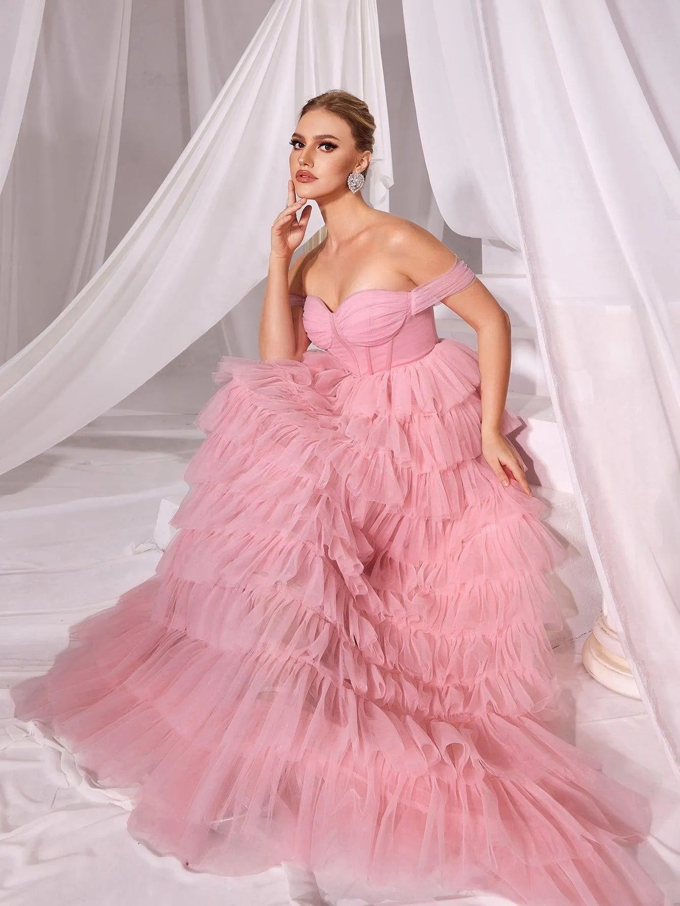 Off Shoulder Mesh Layered Hem Cake Prom Dress