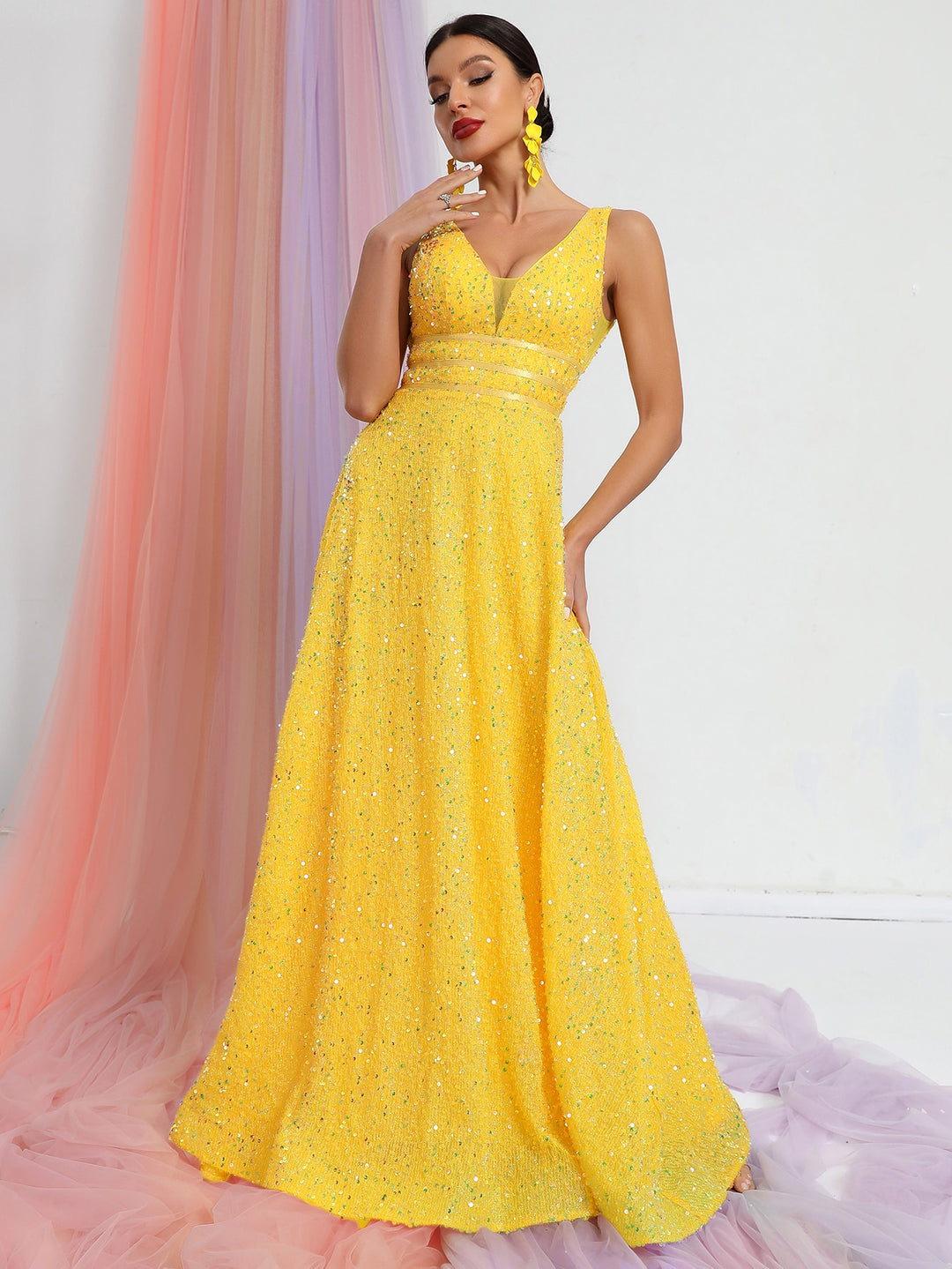 Elegant V Neck Sleeveless Sequin A-line Dresses