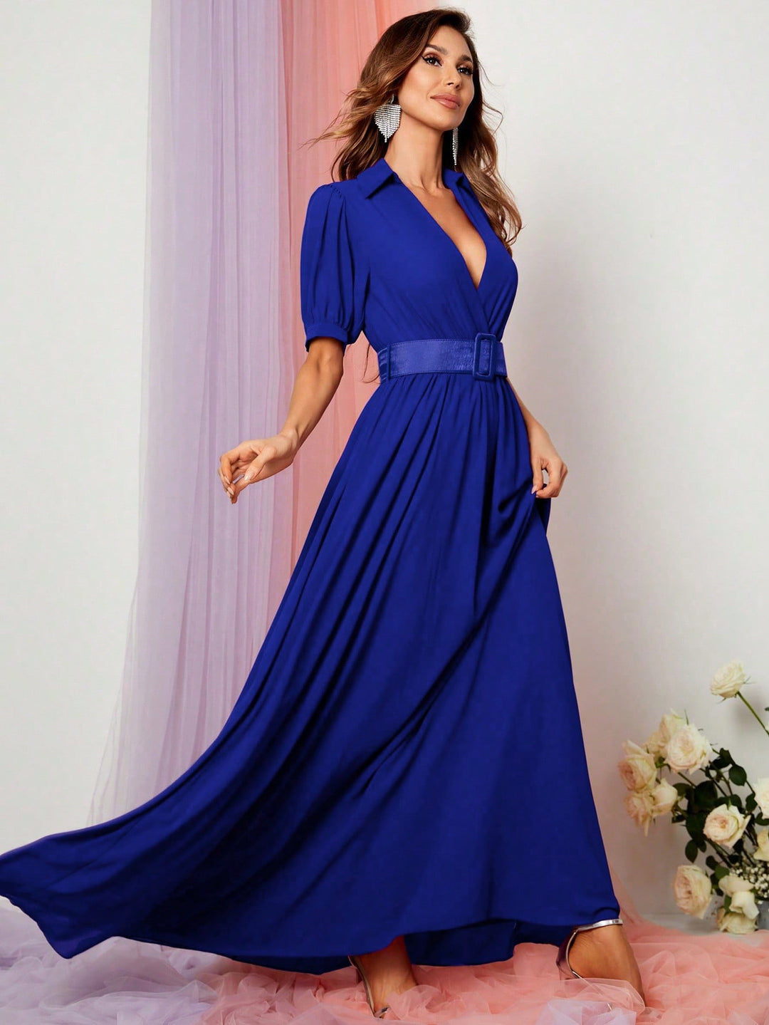 Deep V Neck Puff Sleeve Belted Maxi Dress