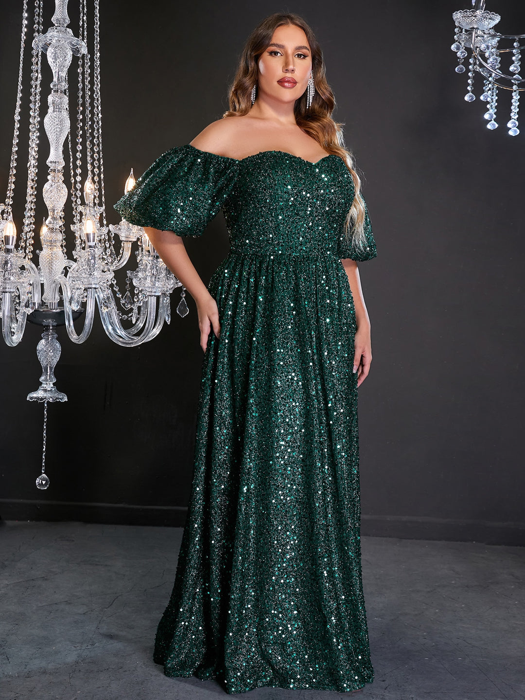 Plus Elegant Off Shoulder Short Sleeve Sequin A Line Dresses