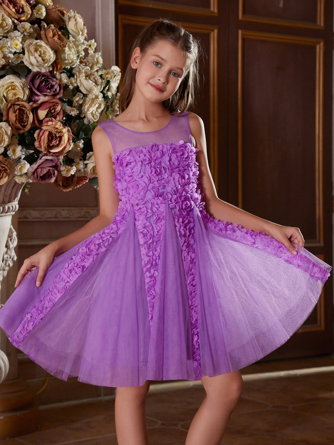 Girl's Applique Decor Puff Sleeve Sequin A Line Dress