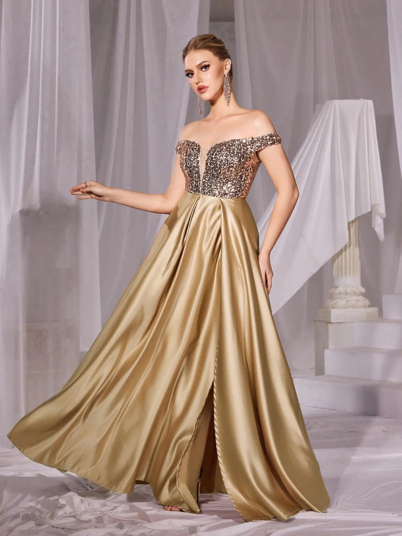 Off Shoulder Contrast Sequin Satin Prom Dress