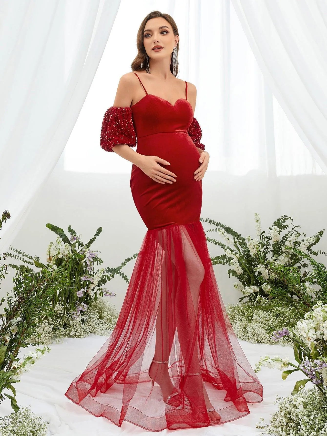 Maternity Puff Sleeve Mermaid Hem Velvet Cami Dress