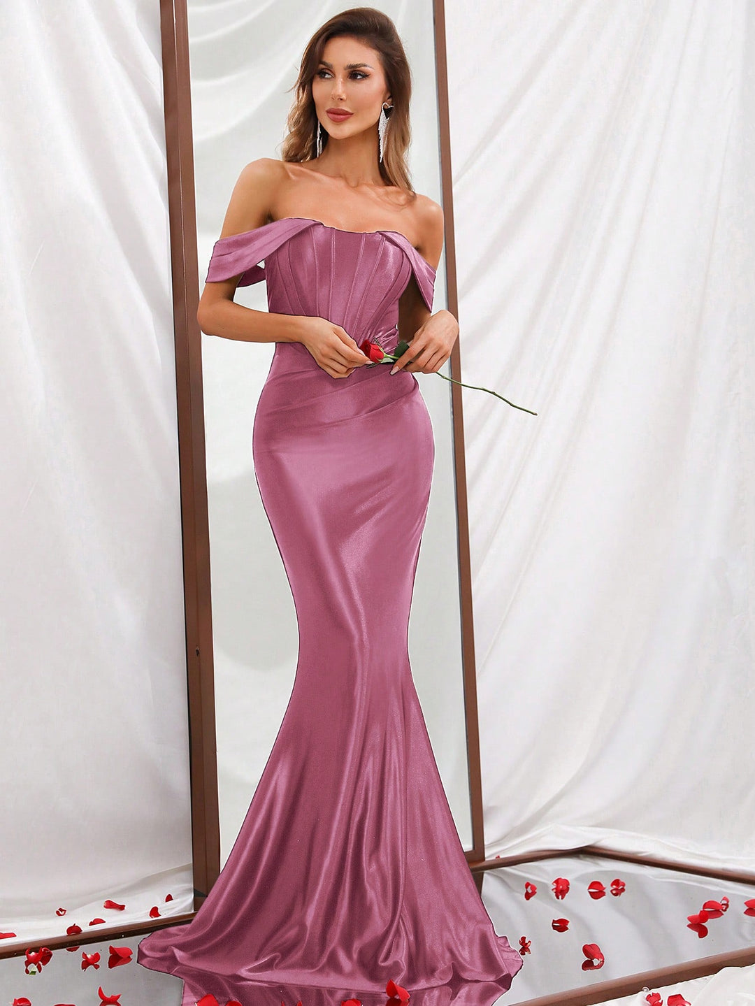 Pleated  Off Shoulder Satin Mermaid Dresses