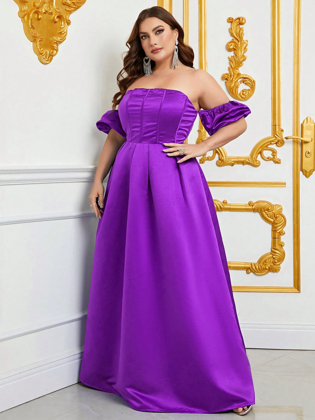 Plus Off Shoulder Puff Sleeves Ruched Bust Fold Pleated Satin Gown