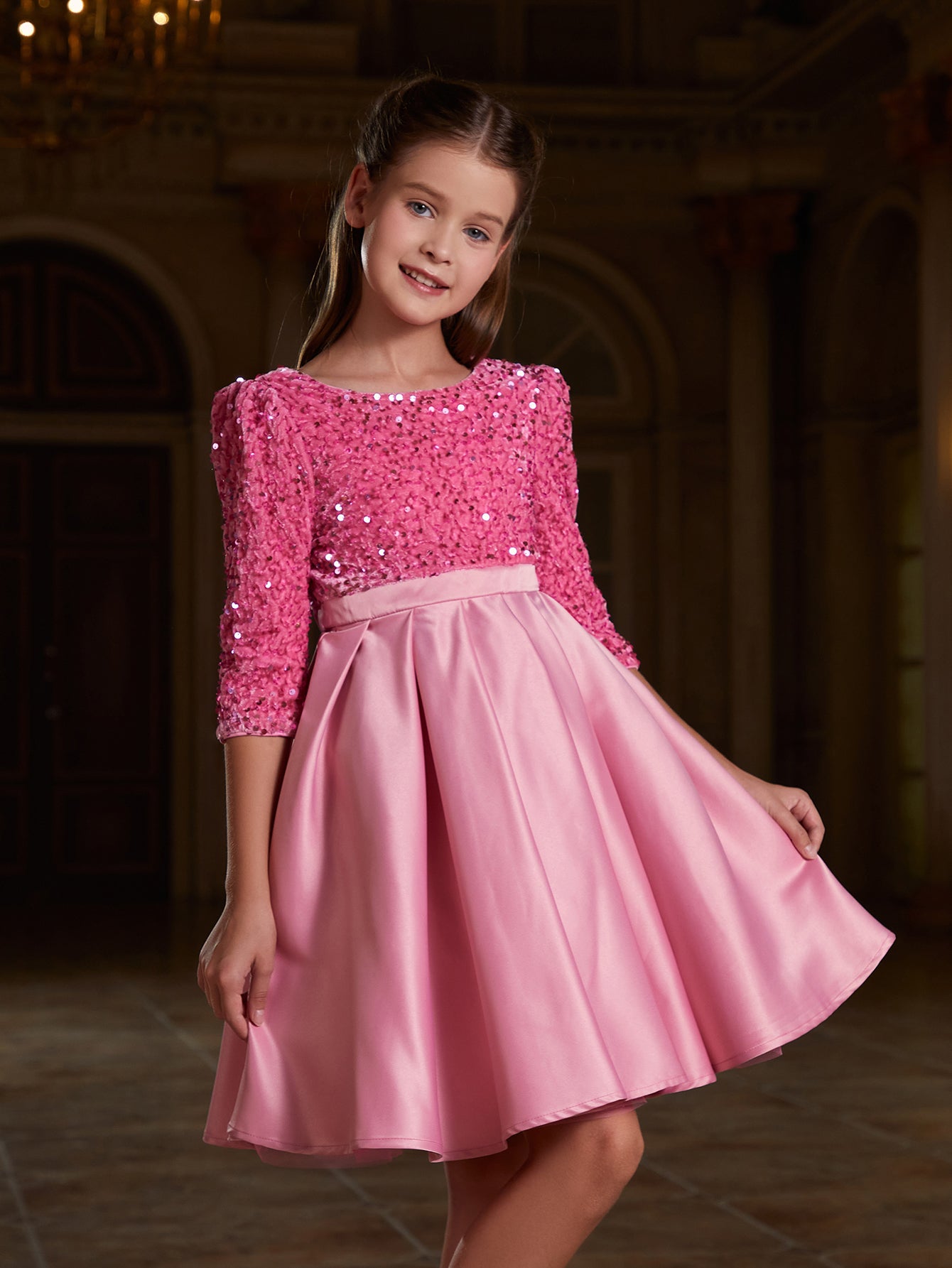 Girl's Sequin Contrast Pleated Satin Hem Dress