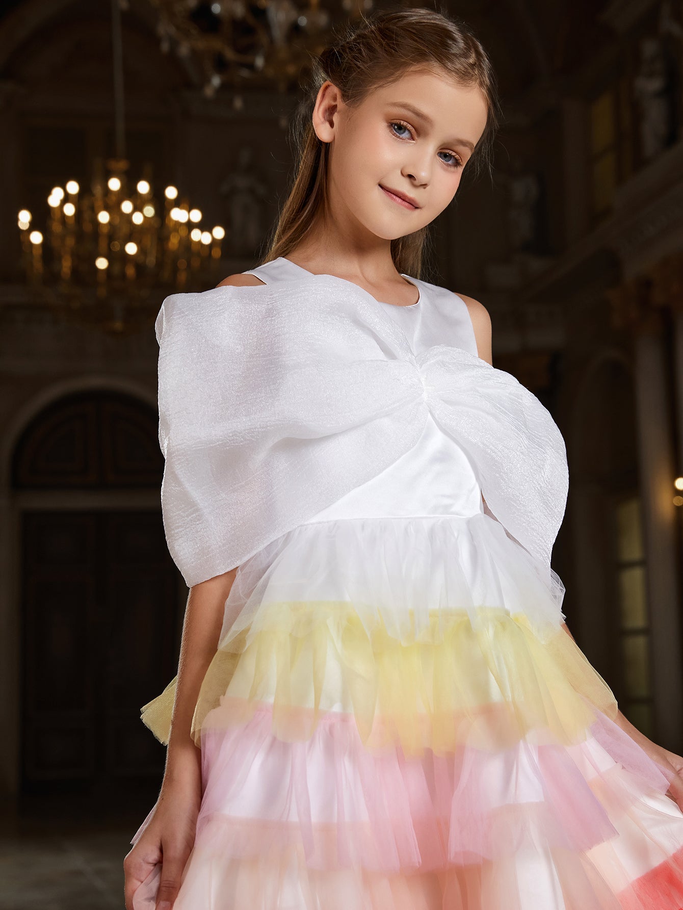 Girl's Bow Detail Iridescent Layered Hem Cake Dress