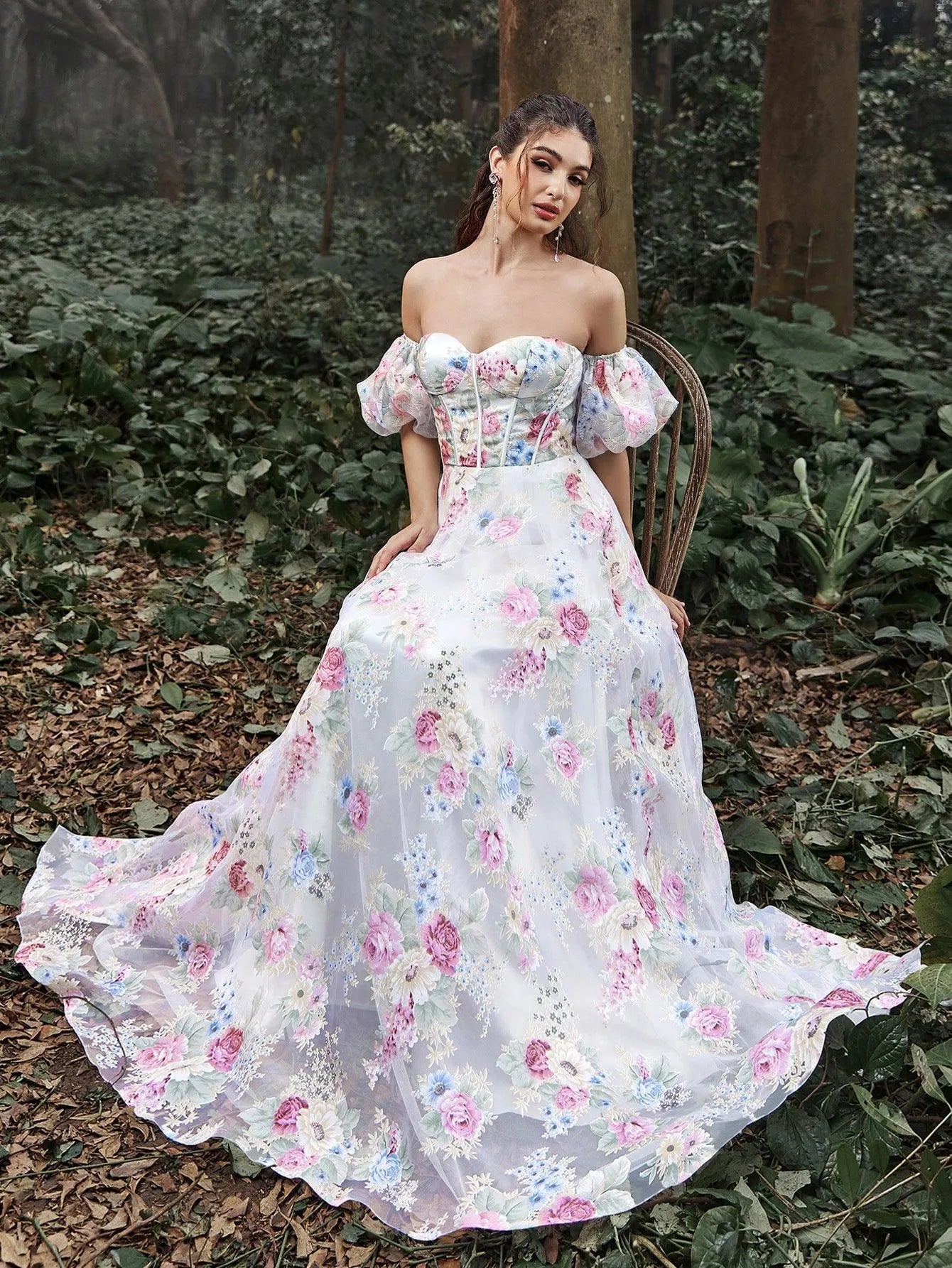 Elegant Off Shoulder Puff Sleeves Floral Printed Organza Prom Dress