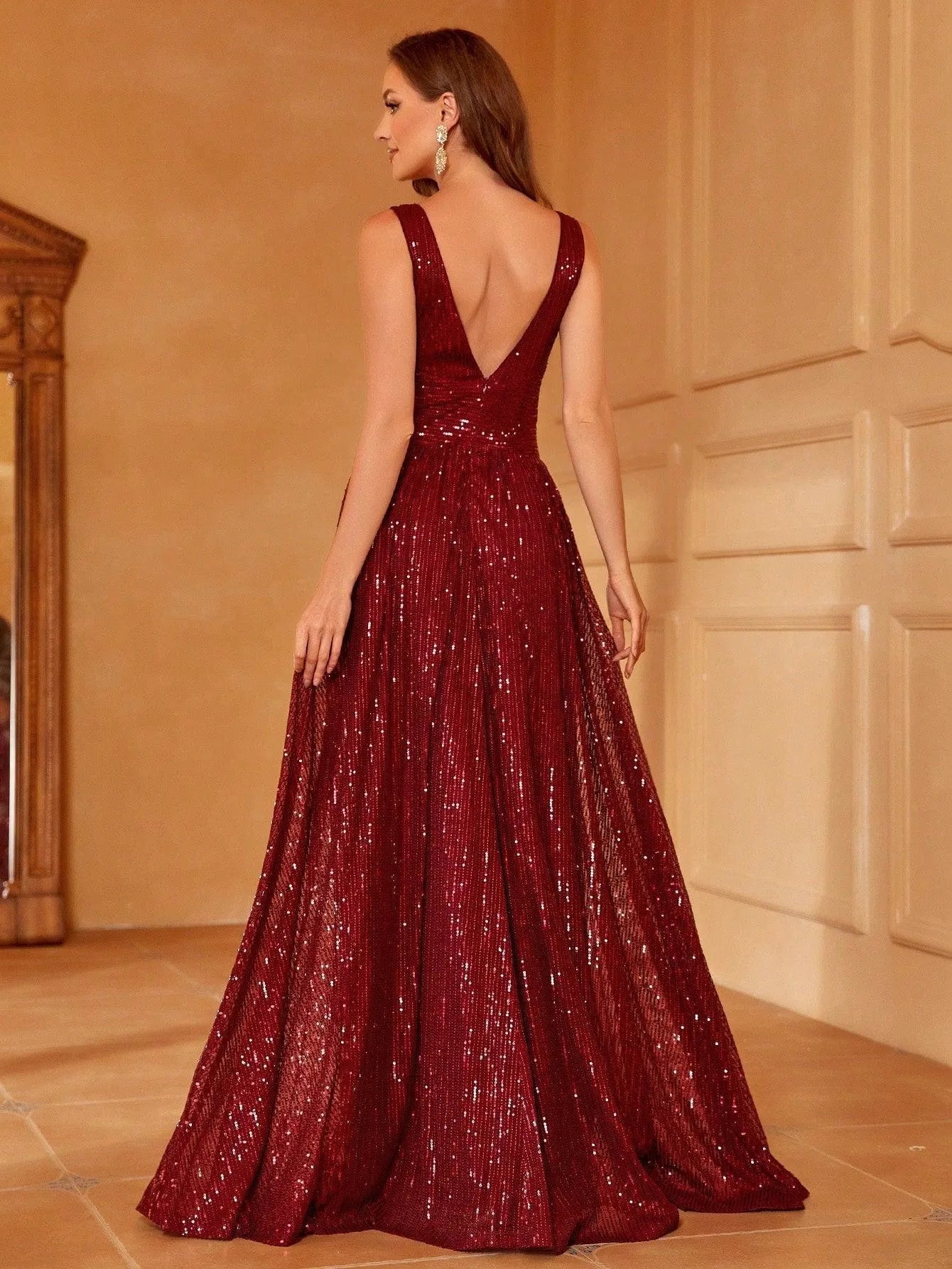 Plunging Neck Backless Sequin A-line Prom Dress